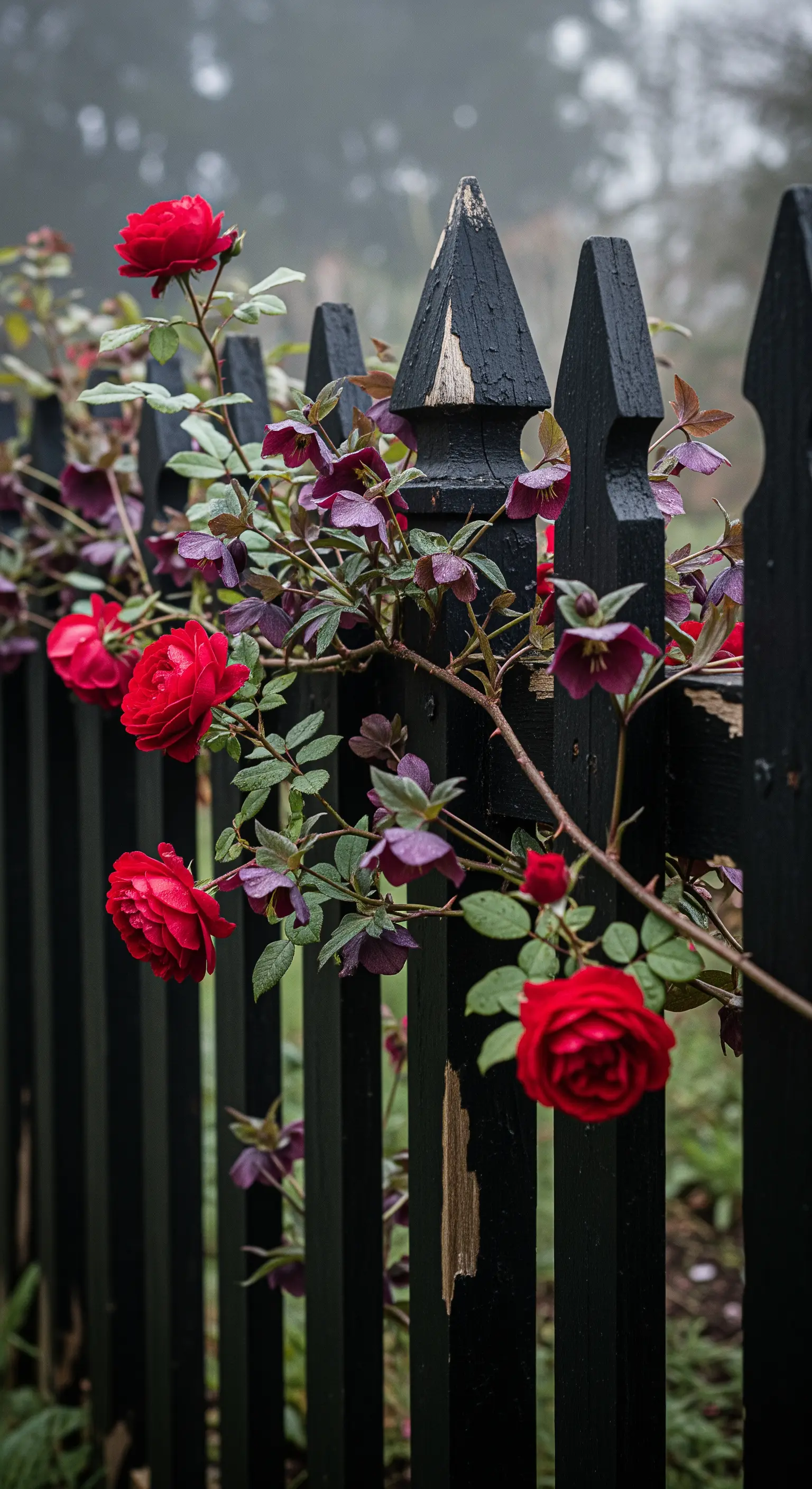 Schwarzer Lattenzaun mit roten Kletterrosen und dunkelroten Christrosen
