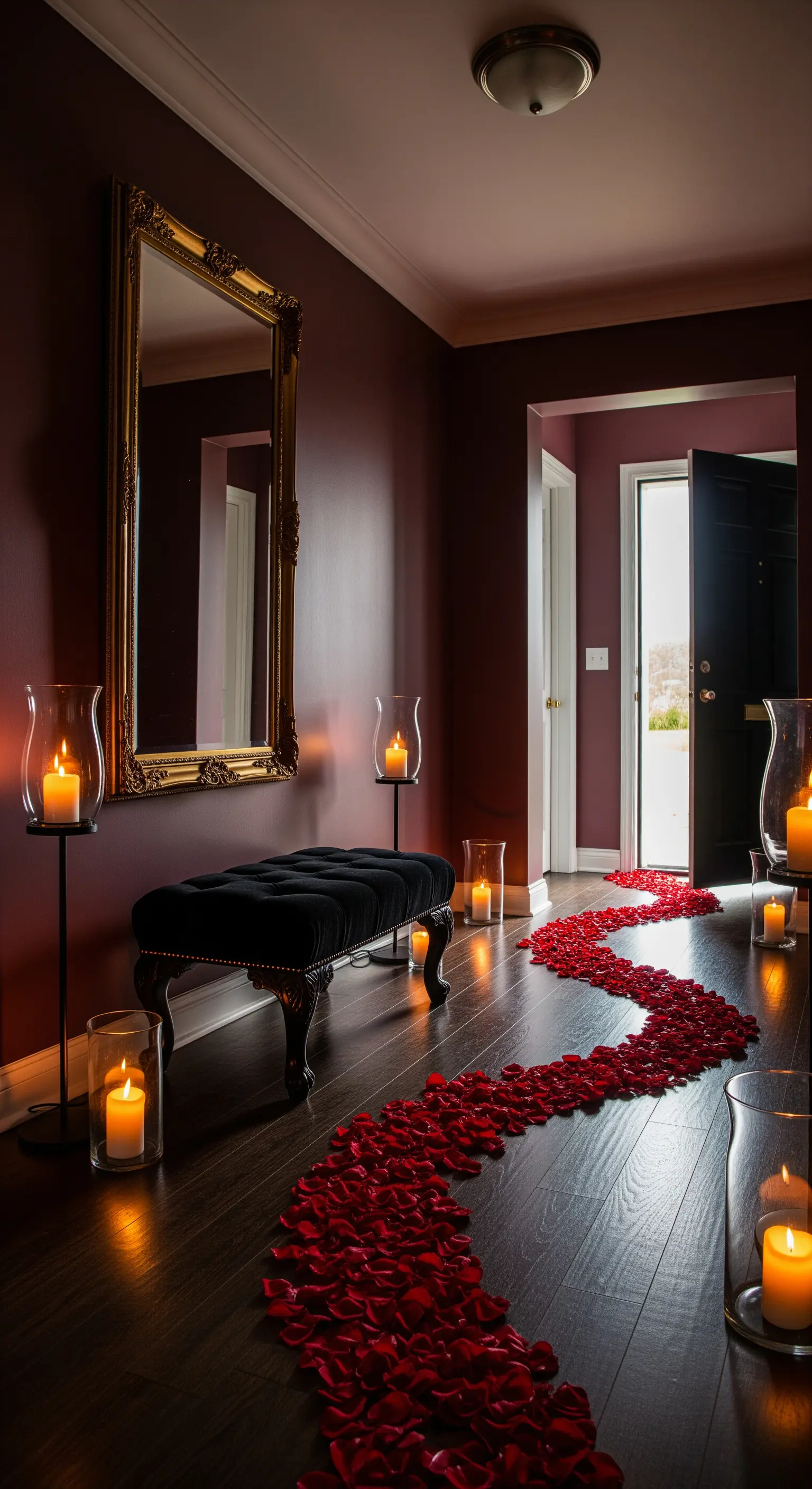 Dunkler Flur mit Goldspiegel, schwarzen Bank, Kerzen und Rosenblütenpfad.