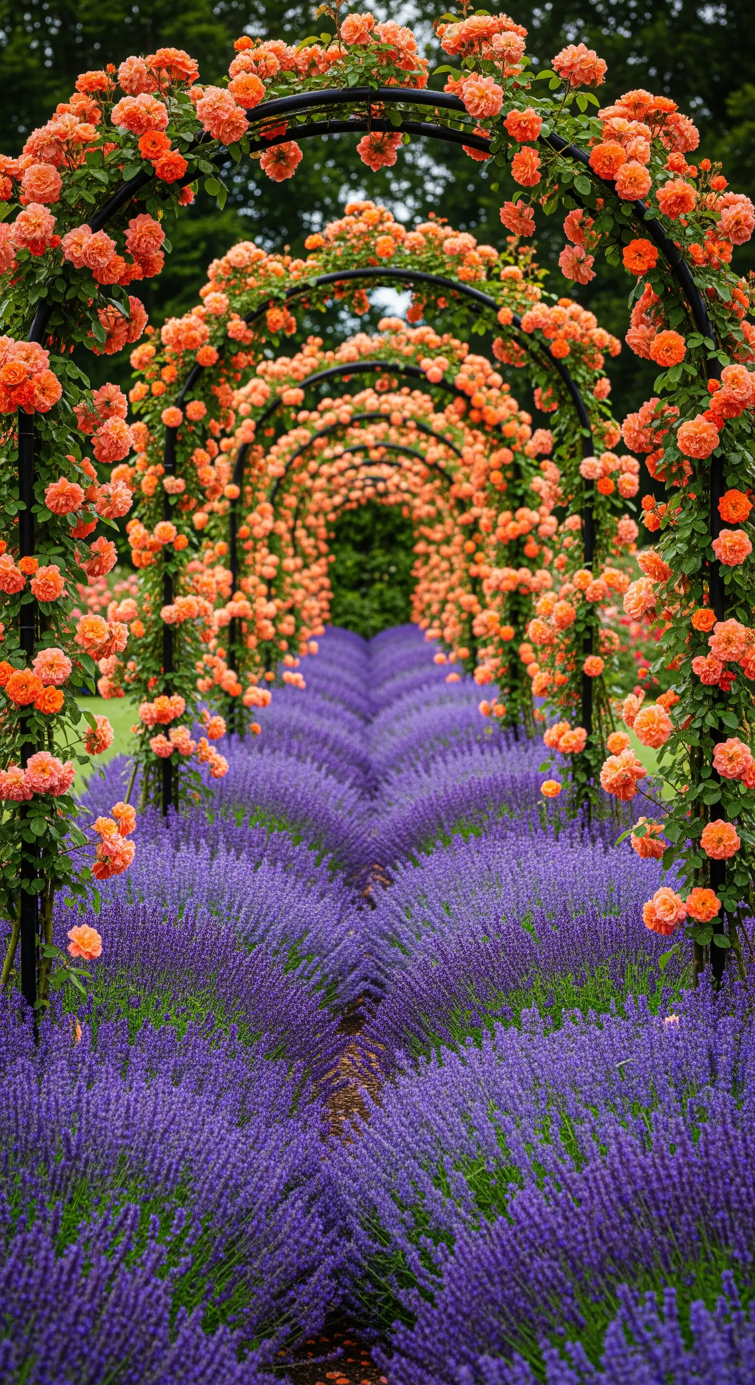 Rosentunnel mit leuchtend orangefarbenen Rosen und tiefviolettem Lavendelpfad