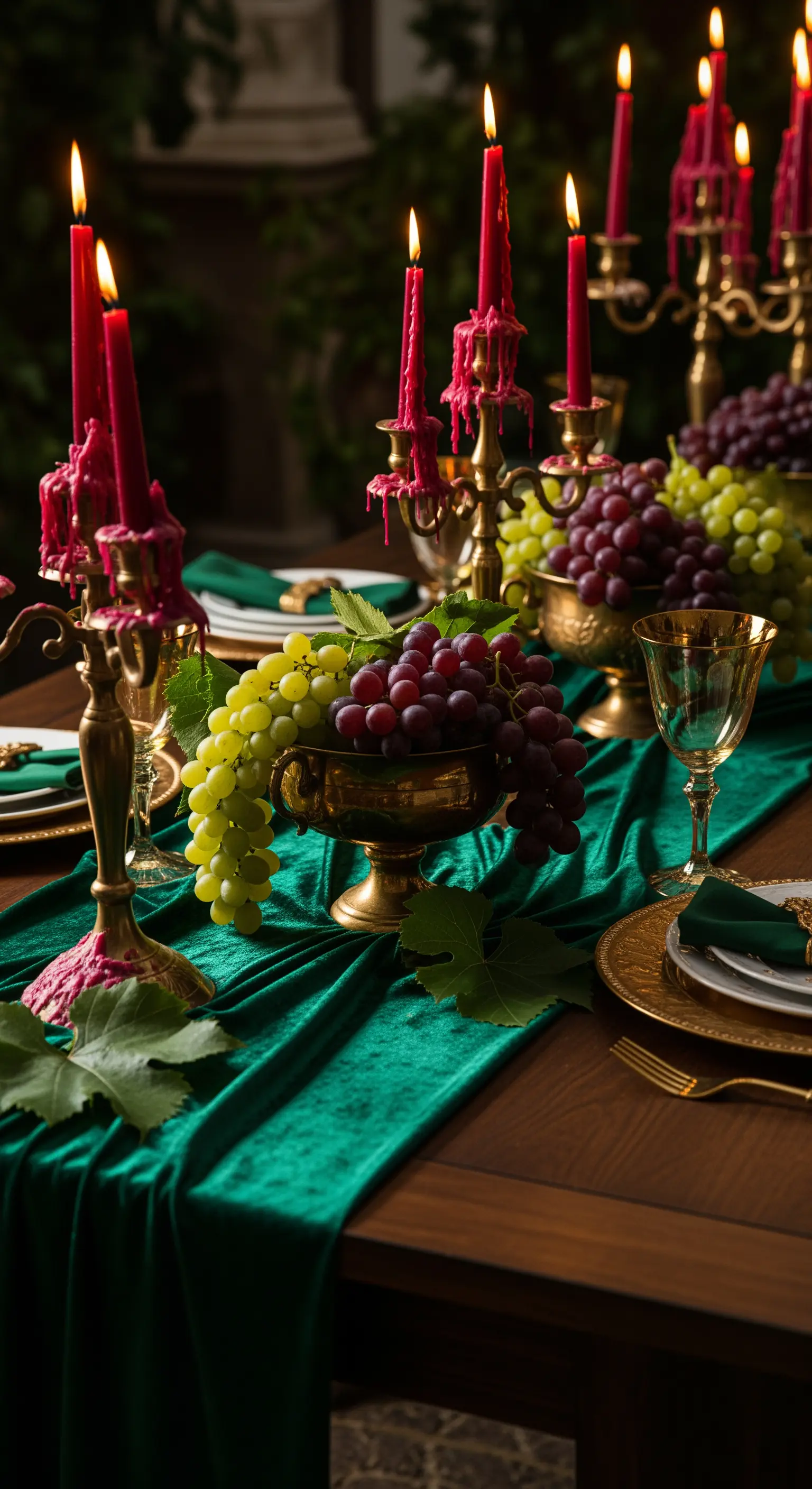 Dunkler Holztisch mit grünem Samtläufer, goldenen Kandelabern, pinken Kerzen und Trauben