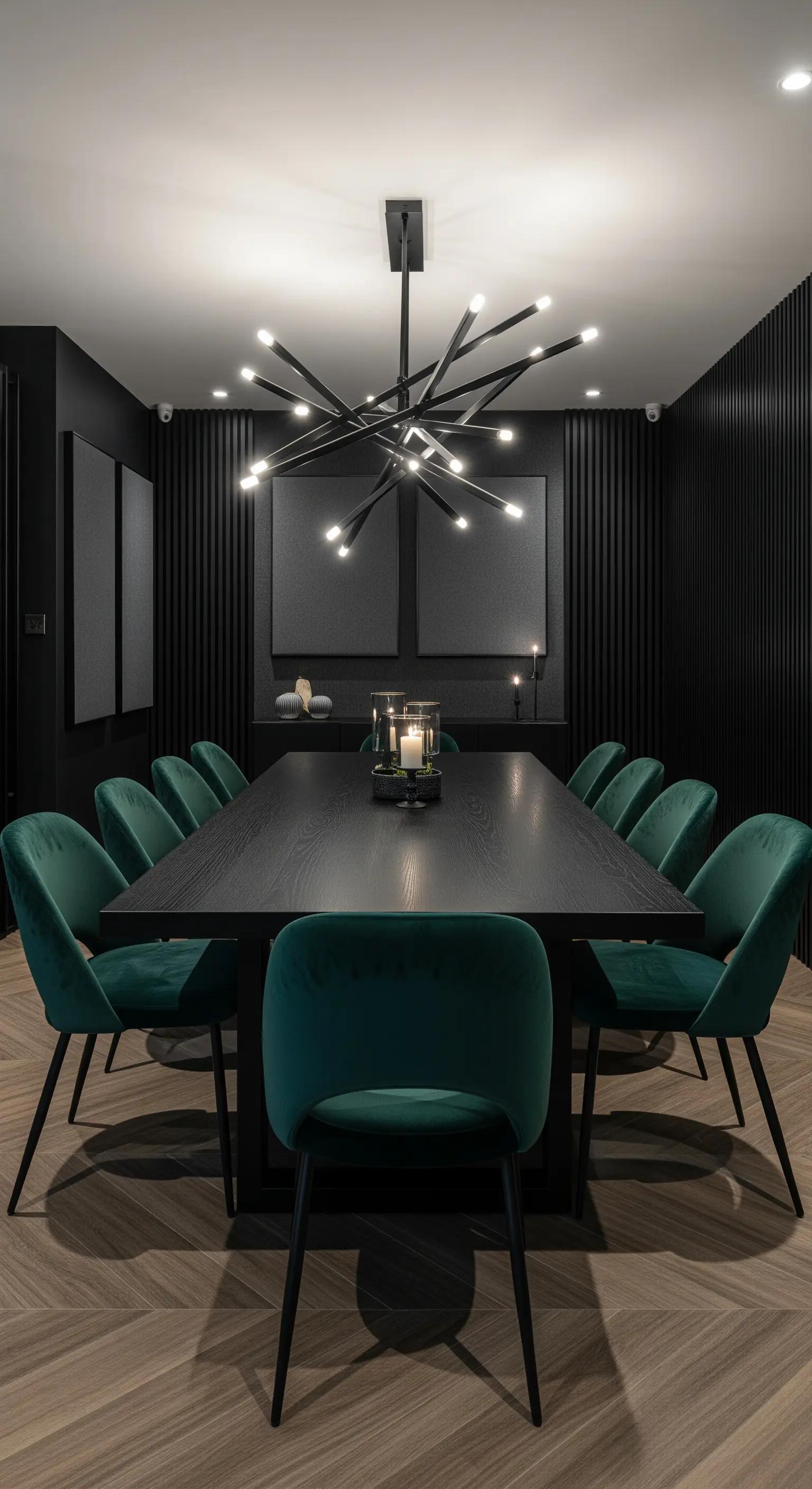 Dunkles Esszimmer mit smaragdgrünen Samtstühlen und modernem Kronleuchter