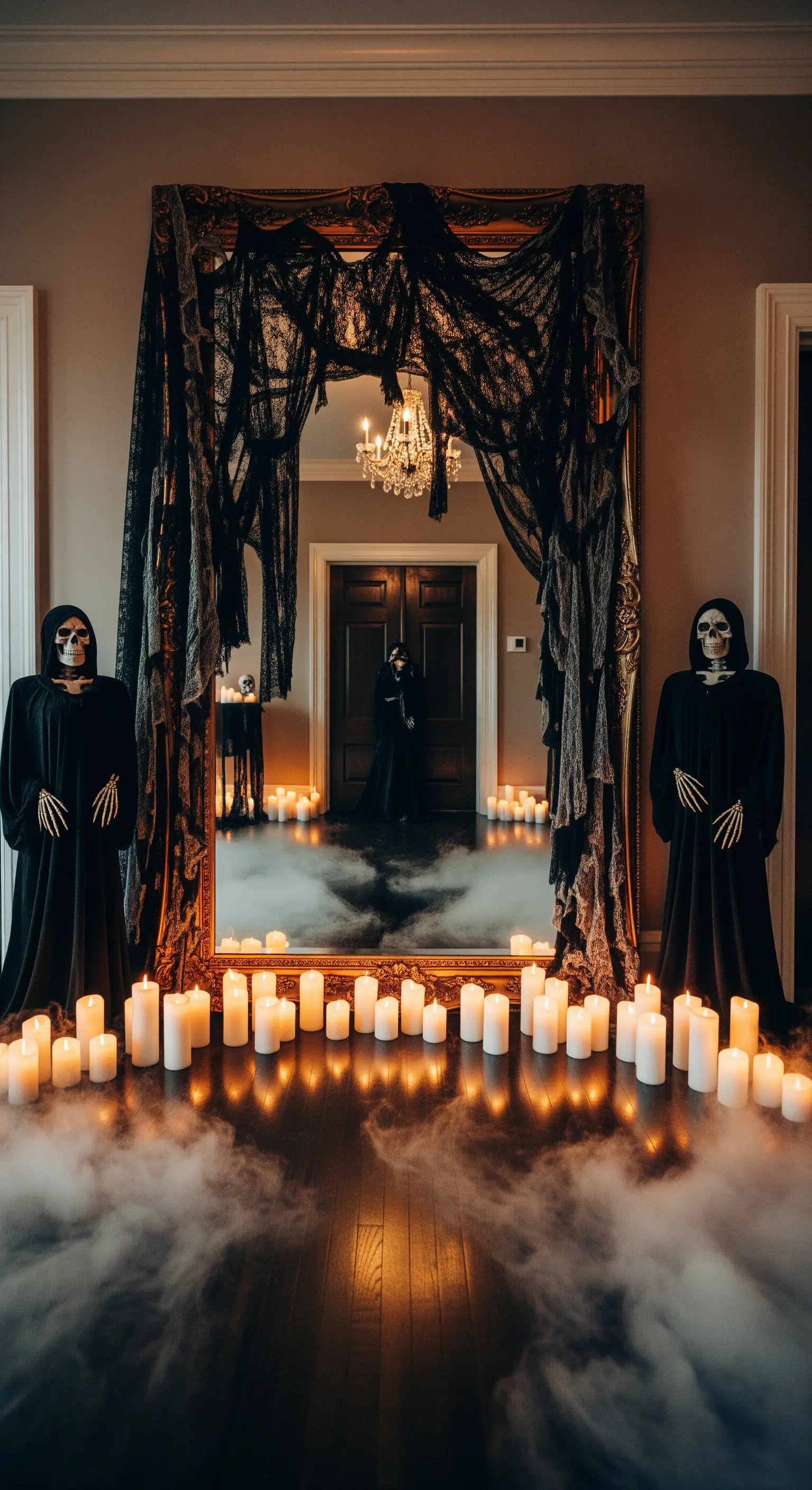 Barocker Spiegel mit schwarzer Spitze, Kerzen und Bodennebel für Halloween-Empfang