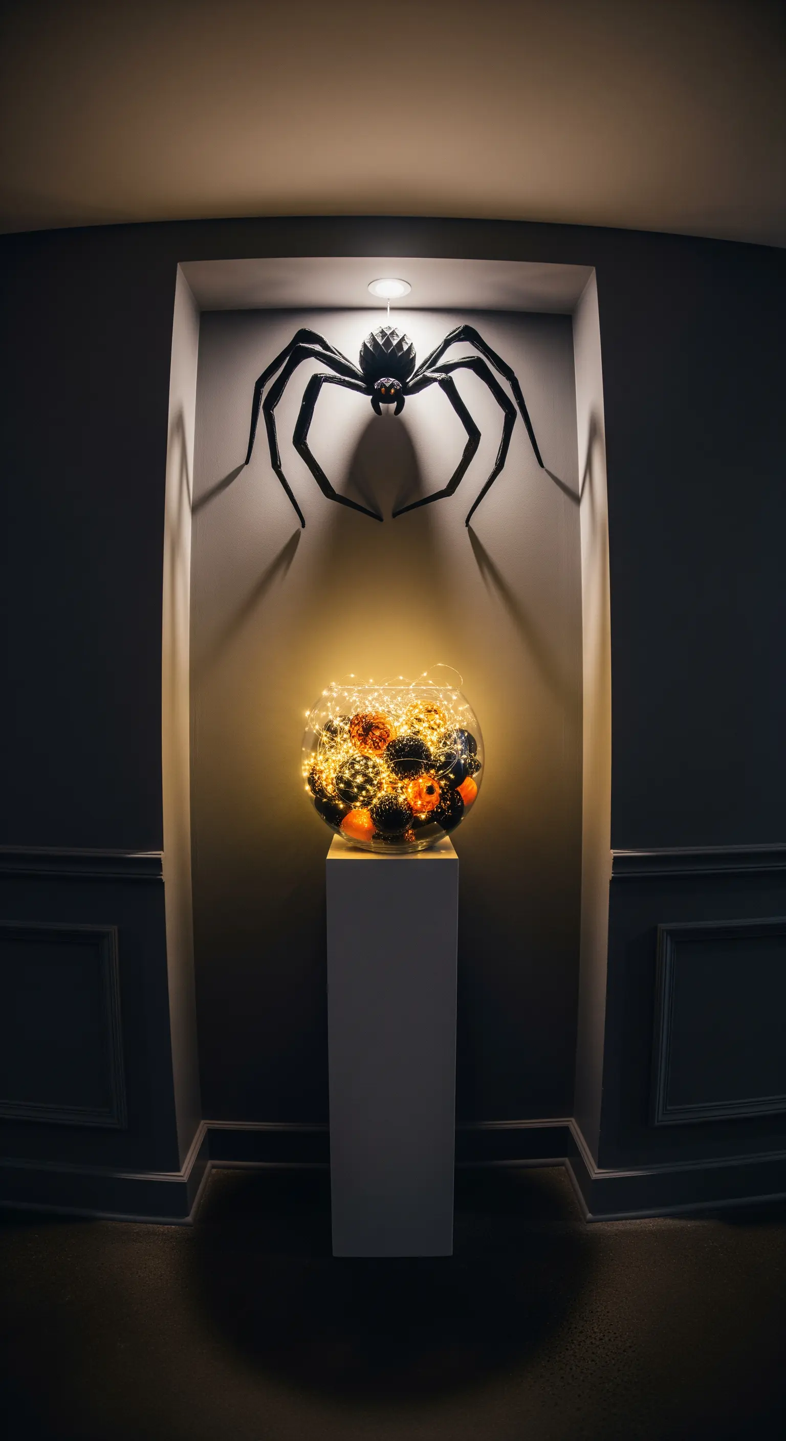 Halloween-Eingangsnische mit großer Spinne und leuchtender Kugel.