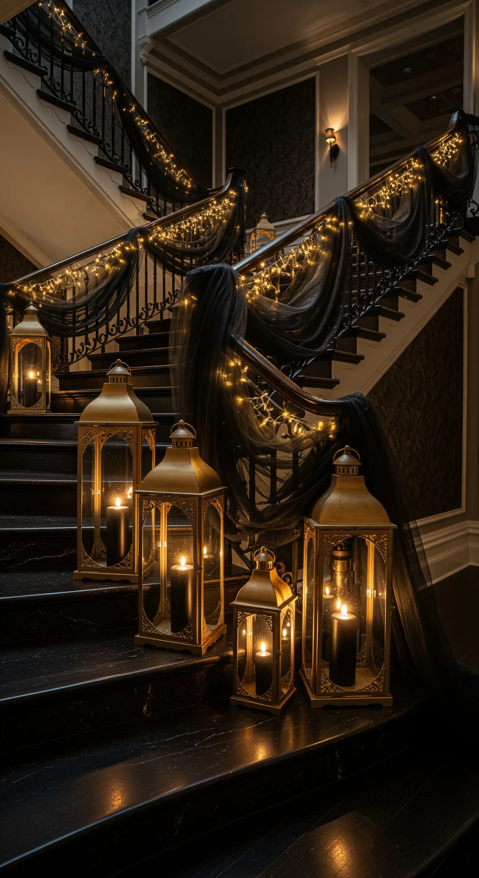 Treppenaufgang mit schwarzen Vorhängen, Lichterketten und goldenen Laternen