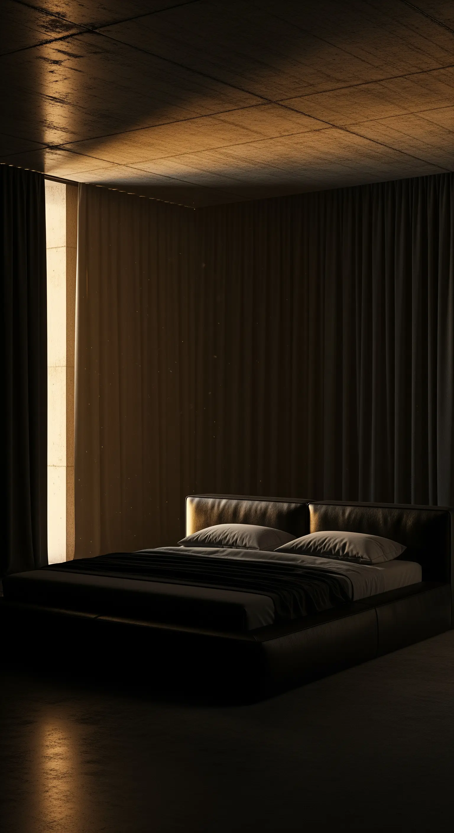 Dunkles Schlafzimmer mit schweren Vorhängen und vertikalem Lichtschimmer