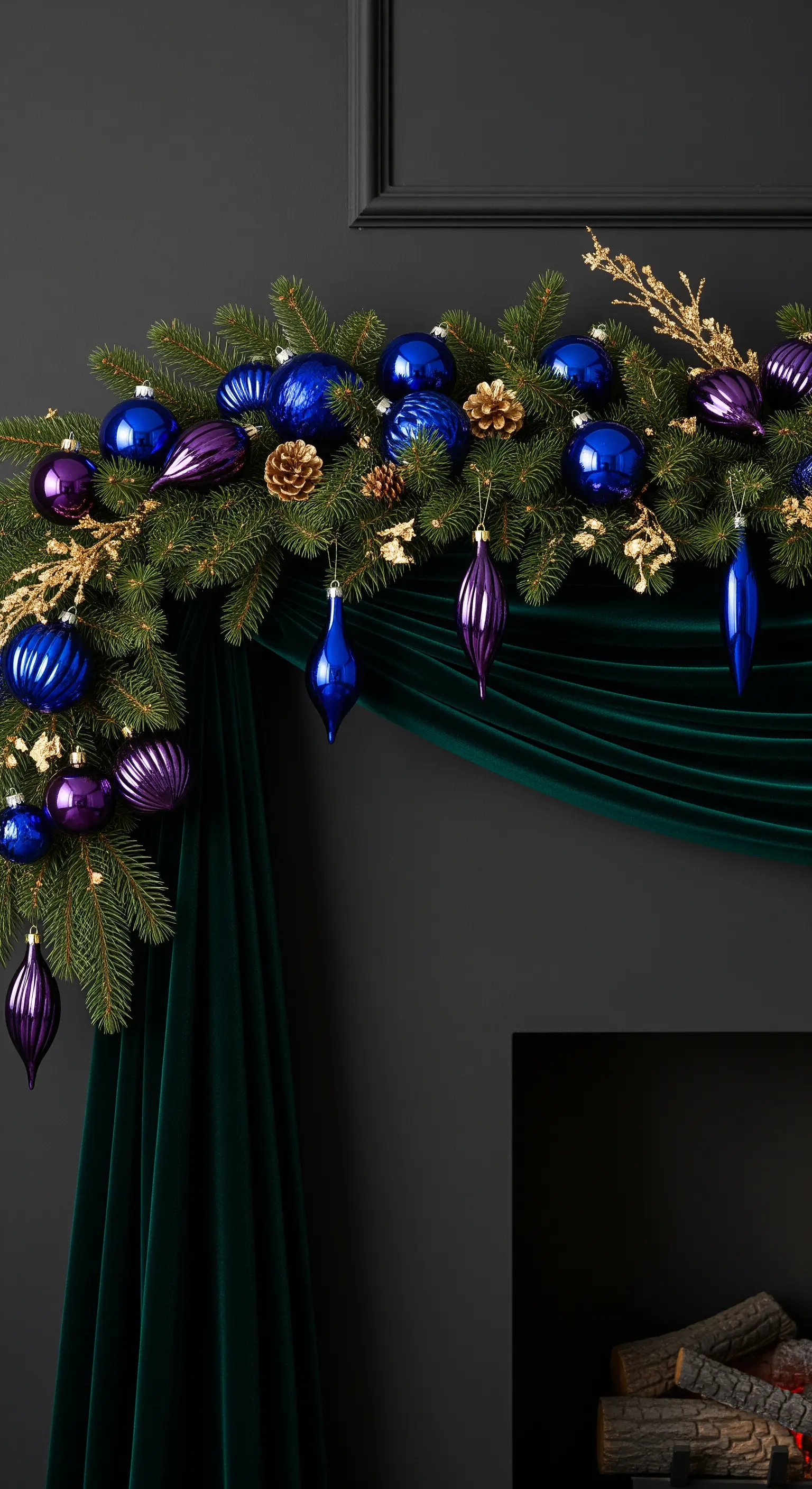 Dunkle Wand mit grüner Girlande, blauen und violetten Kugeln, goldenen Akzenten und Samtvorhang