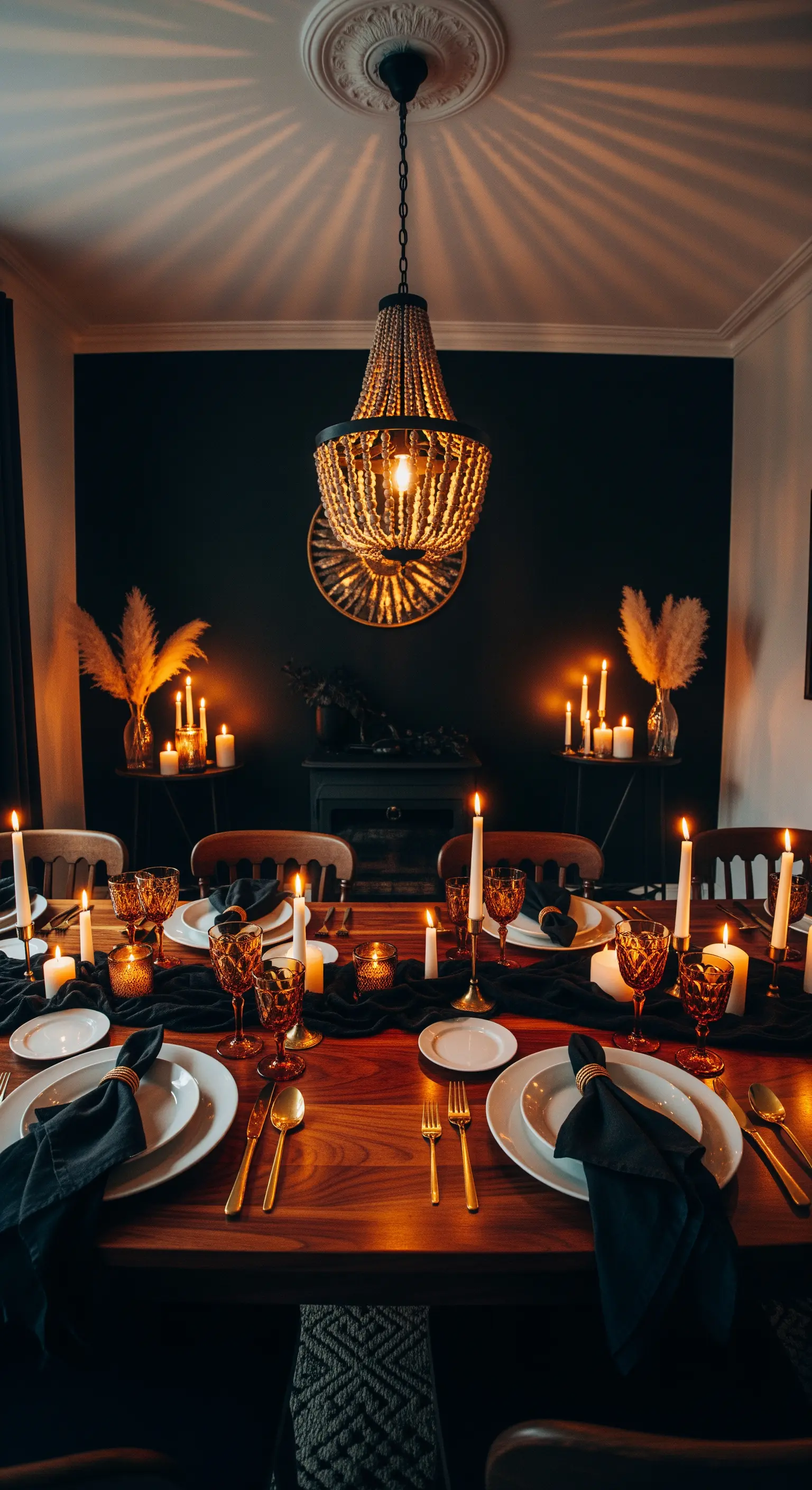 Moody Boho-Esszimmer mit schwarzer Wand, vielen Kerzen und einem Perlen-Kronleuchter.