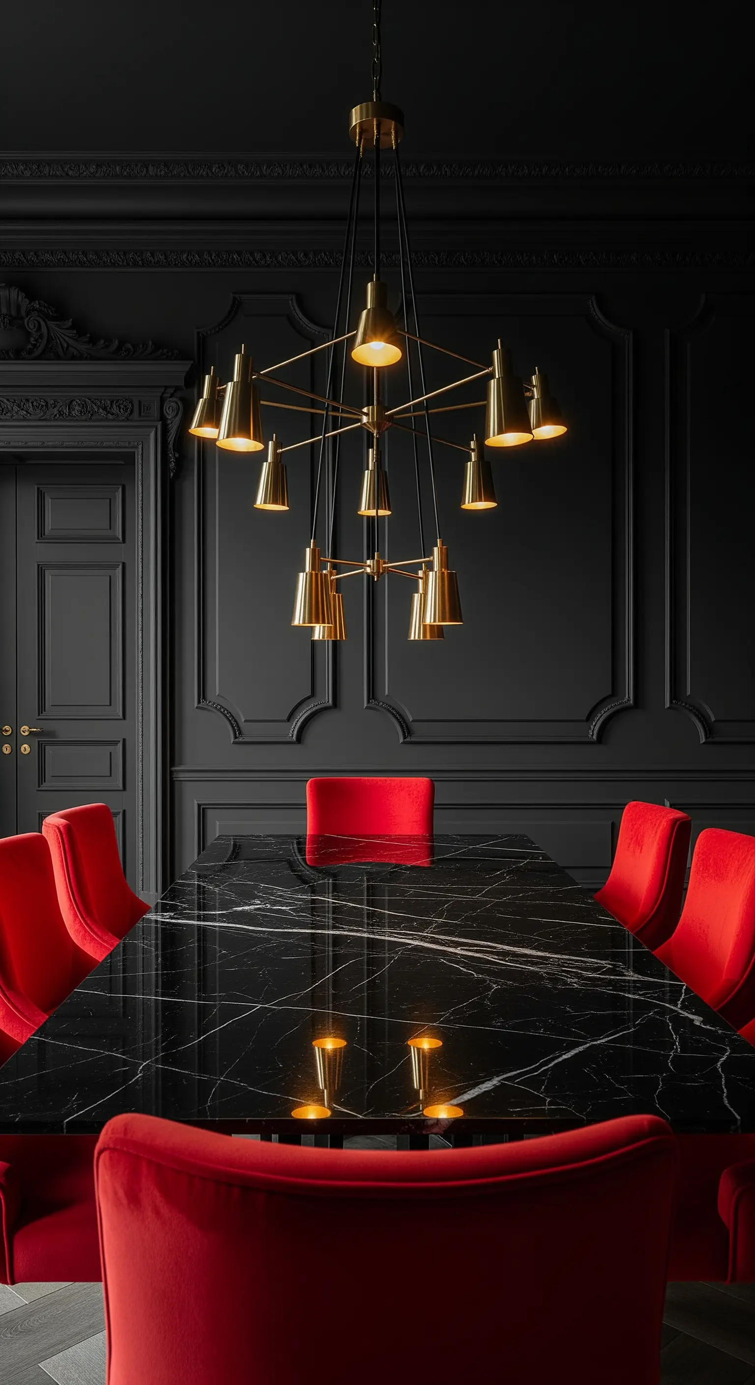 Esszimmer mit schwarzen Wänden, rotem Samtstühlen und einem schwarzen Marmortisch