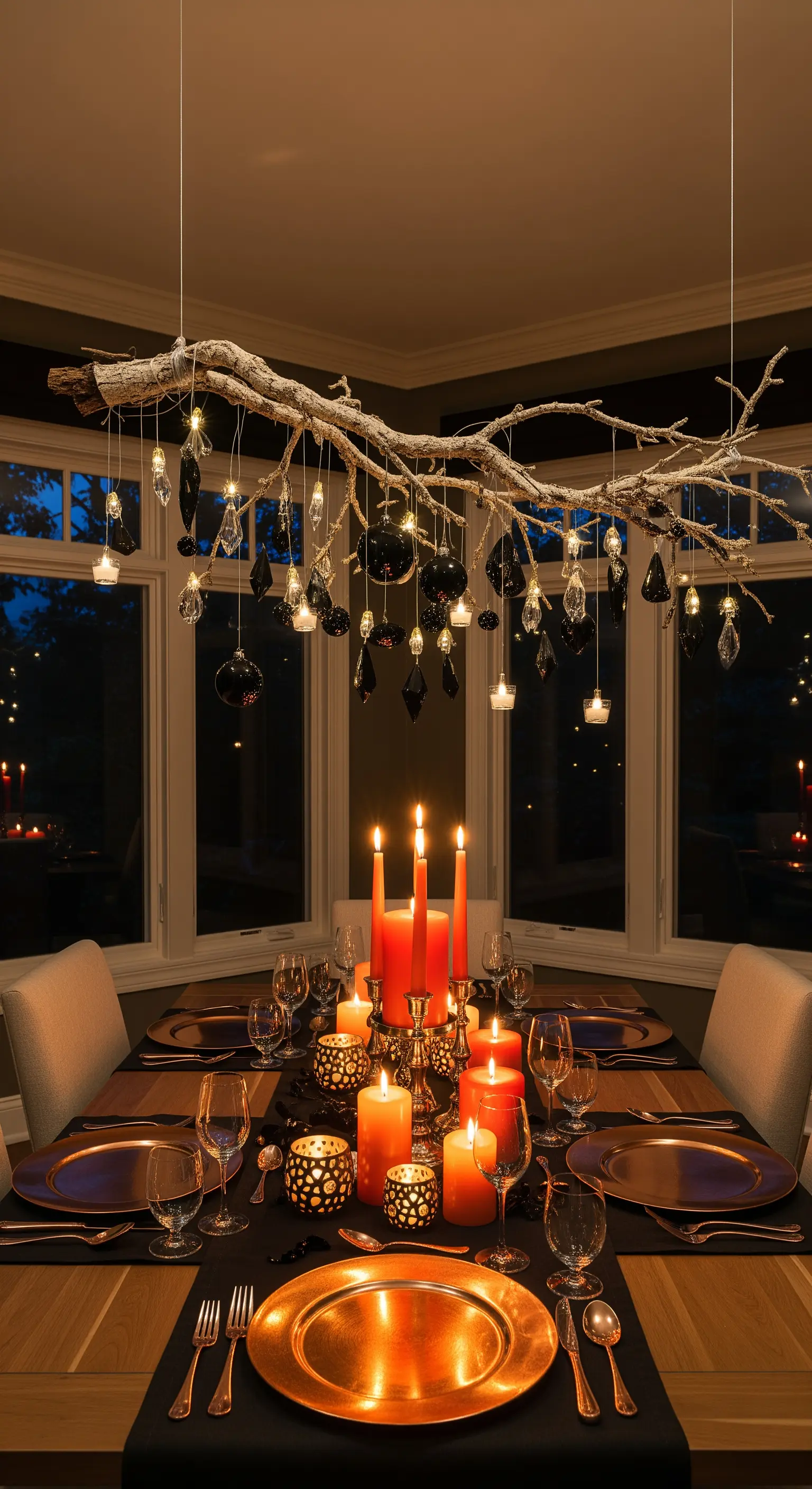 Esstisch mit Treibholz-Kronleuchter, orangefarbenen Kerzen und schwarzen/kupfernen Akzenten