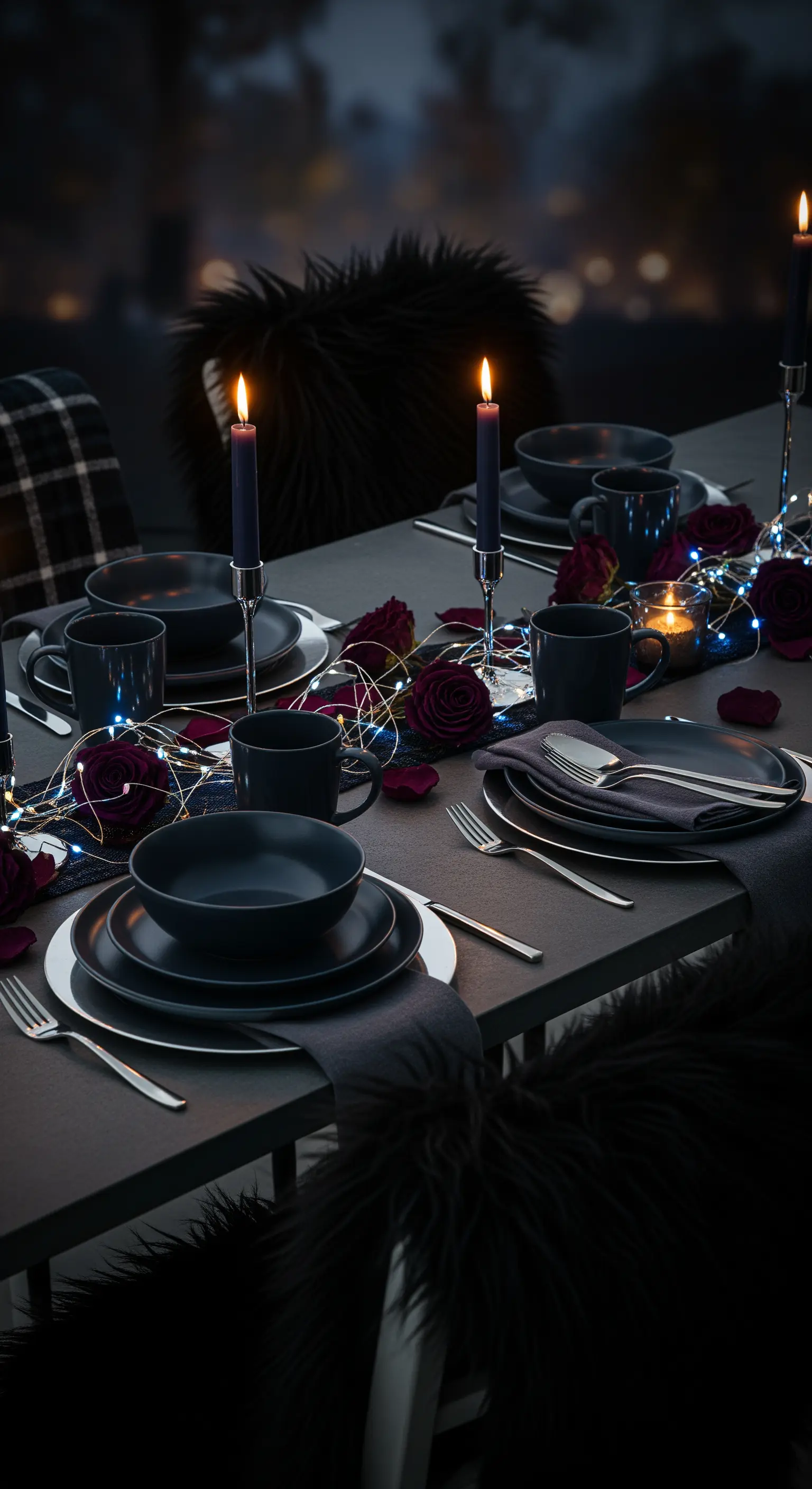 Dramatisches Herbst-Dinner, schwarze Keramik, rote Rosen, blaue Lichterketten, Kunstfell.