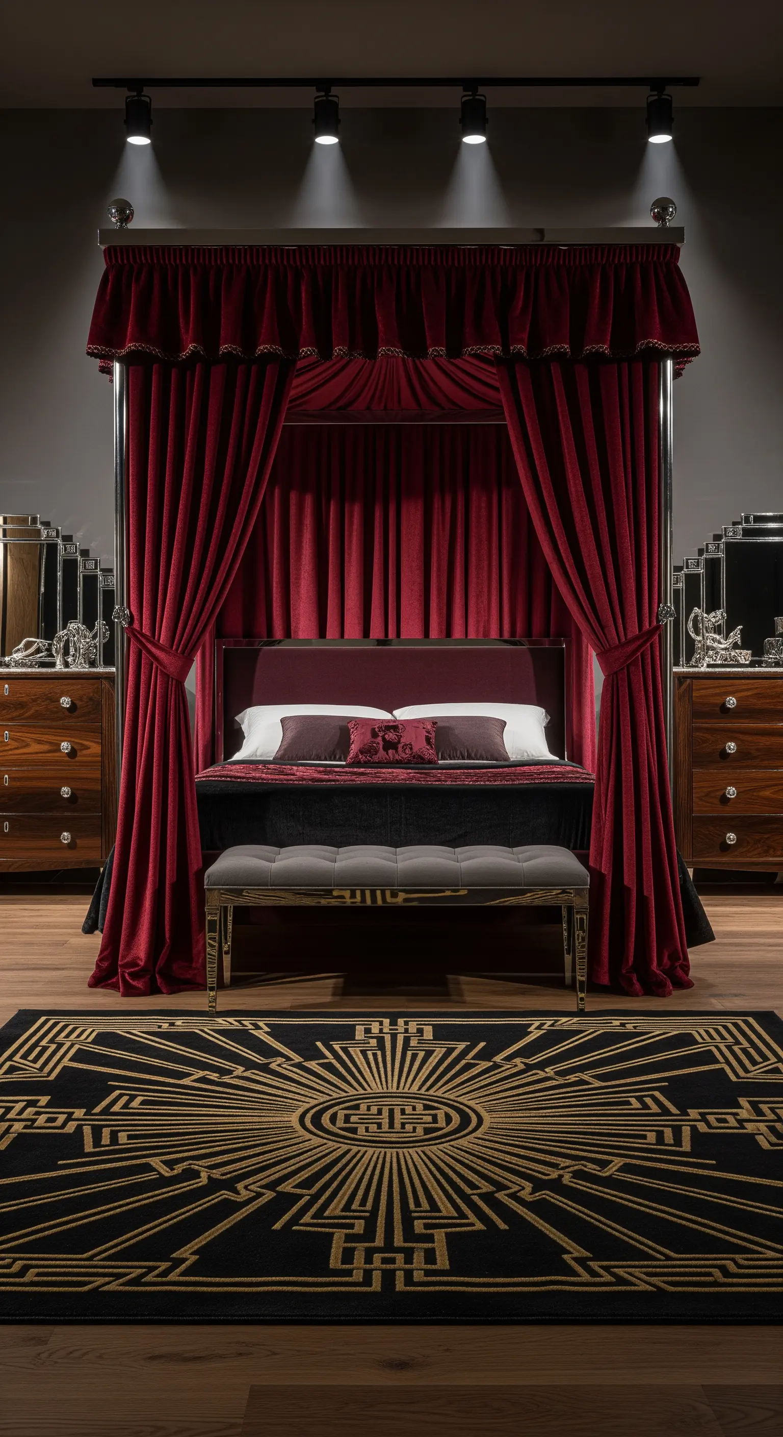 Burgunderrotes Samt-Himmelbett, goldener Art-déco-Teppich, Vintage-Möbel, dramatischer Stil