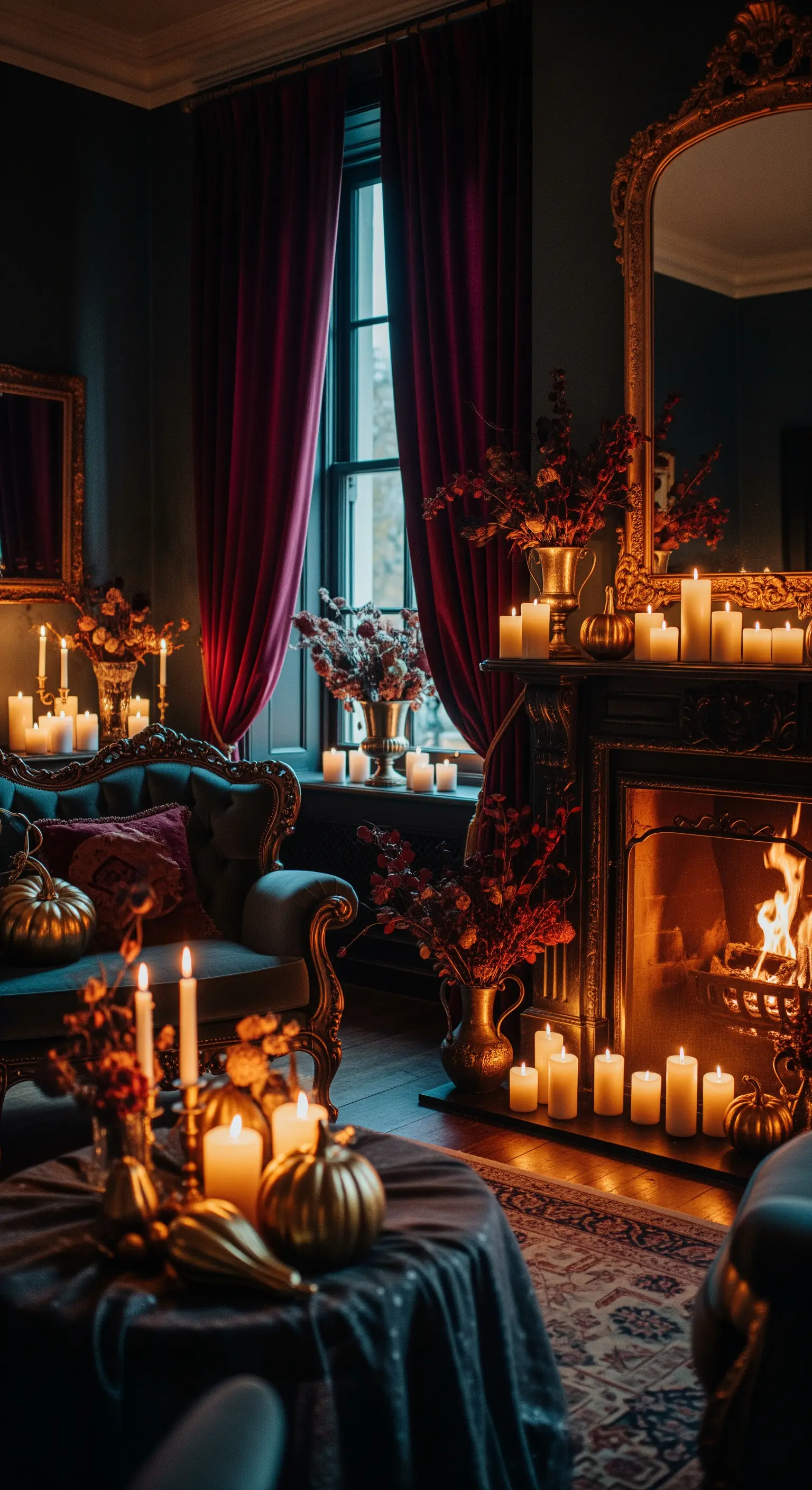 Dunkles, opulentes Wohnzimmer mit Kamin, Kerzen und goldenen Akzenten