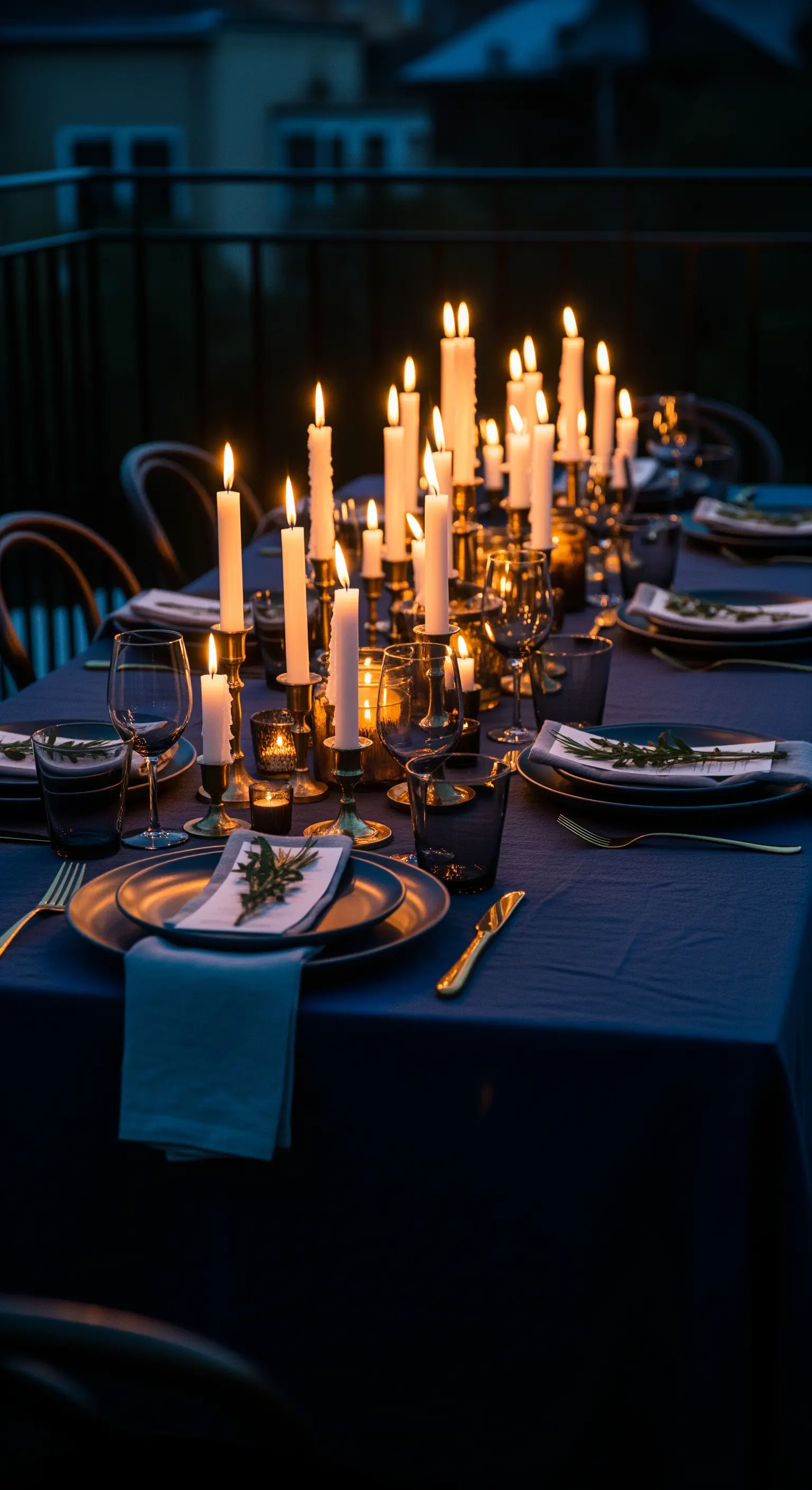 Dunkel gedeckter Tisch bei Nacht, dramatisch beleuchtet von unzähligen Stabkerzen.