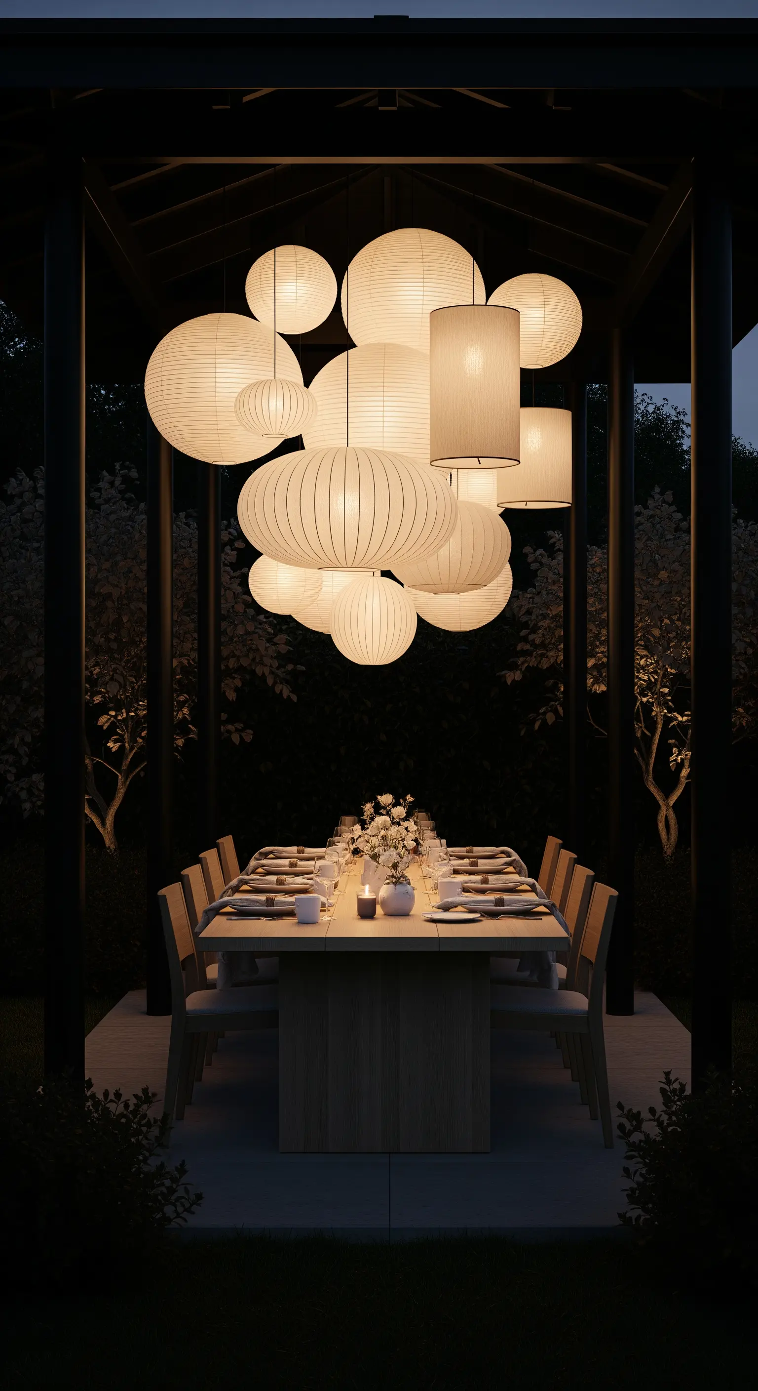 Laternen-Cluster, Japandi Esstisch, dunkler Garten, Abendbeleuchtung