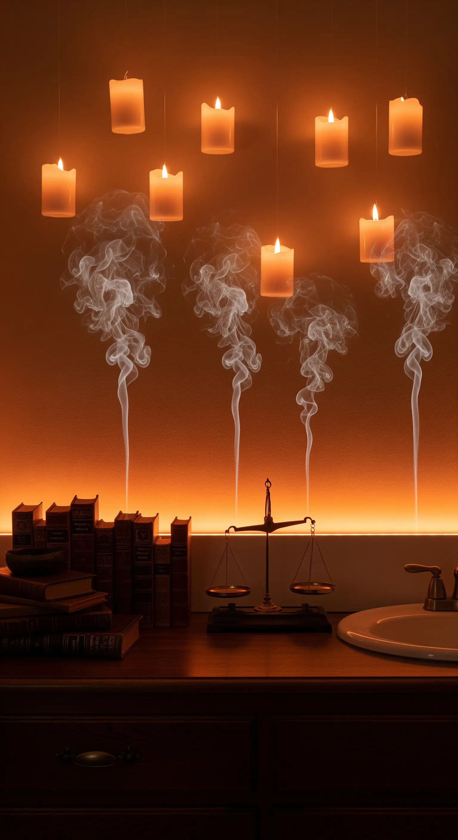 Badezimmer mit schwebenden Kerzen, Rauch, antiken Büchern und Messingwaage