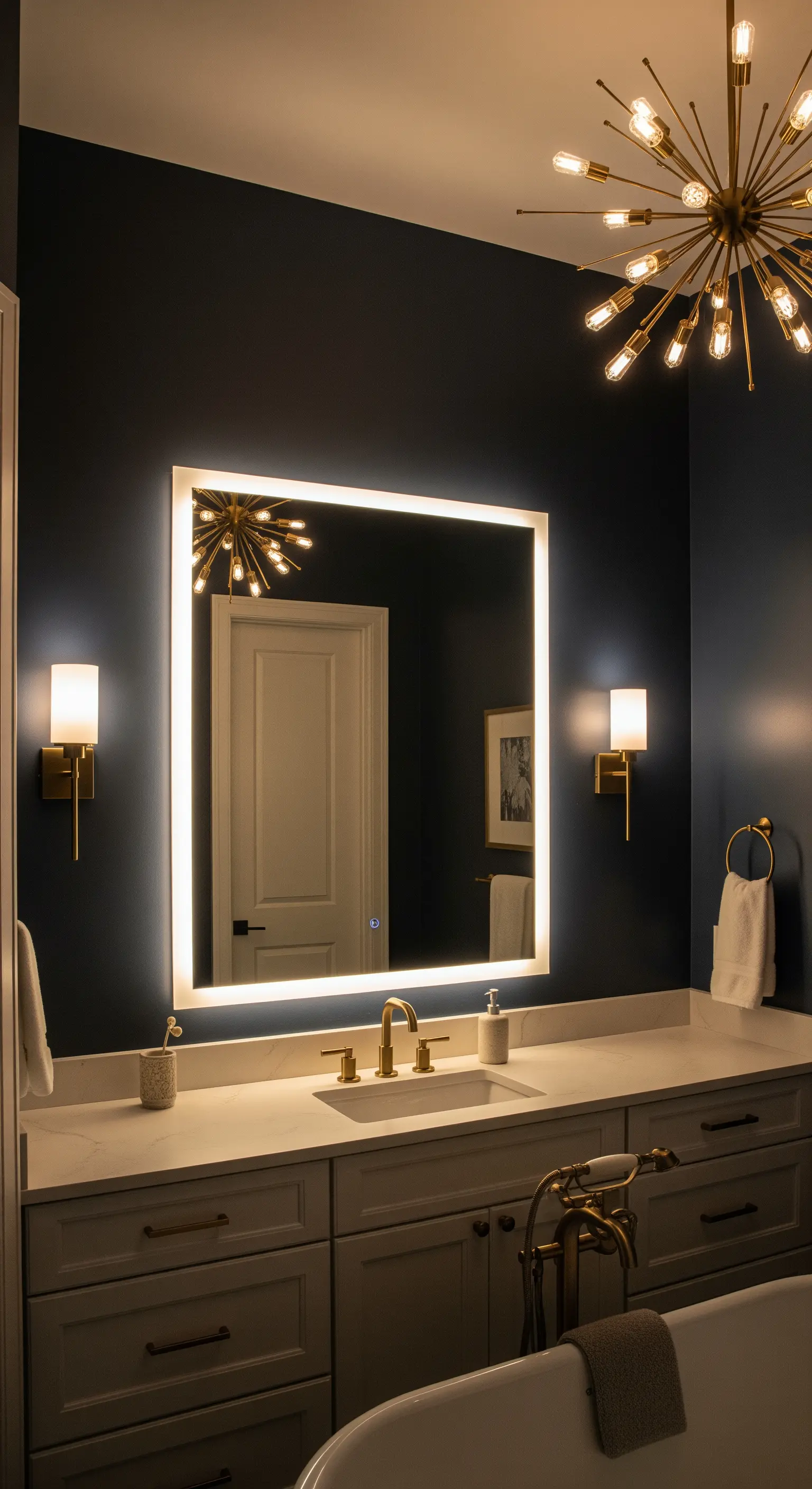 Quadratischer LED-Spiegel an einer dunkelblauen Wand in einem luxuriösen Badezimmer.