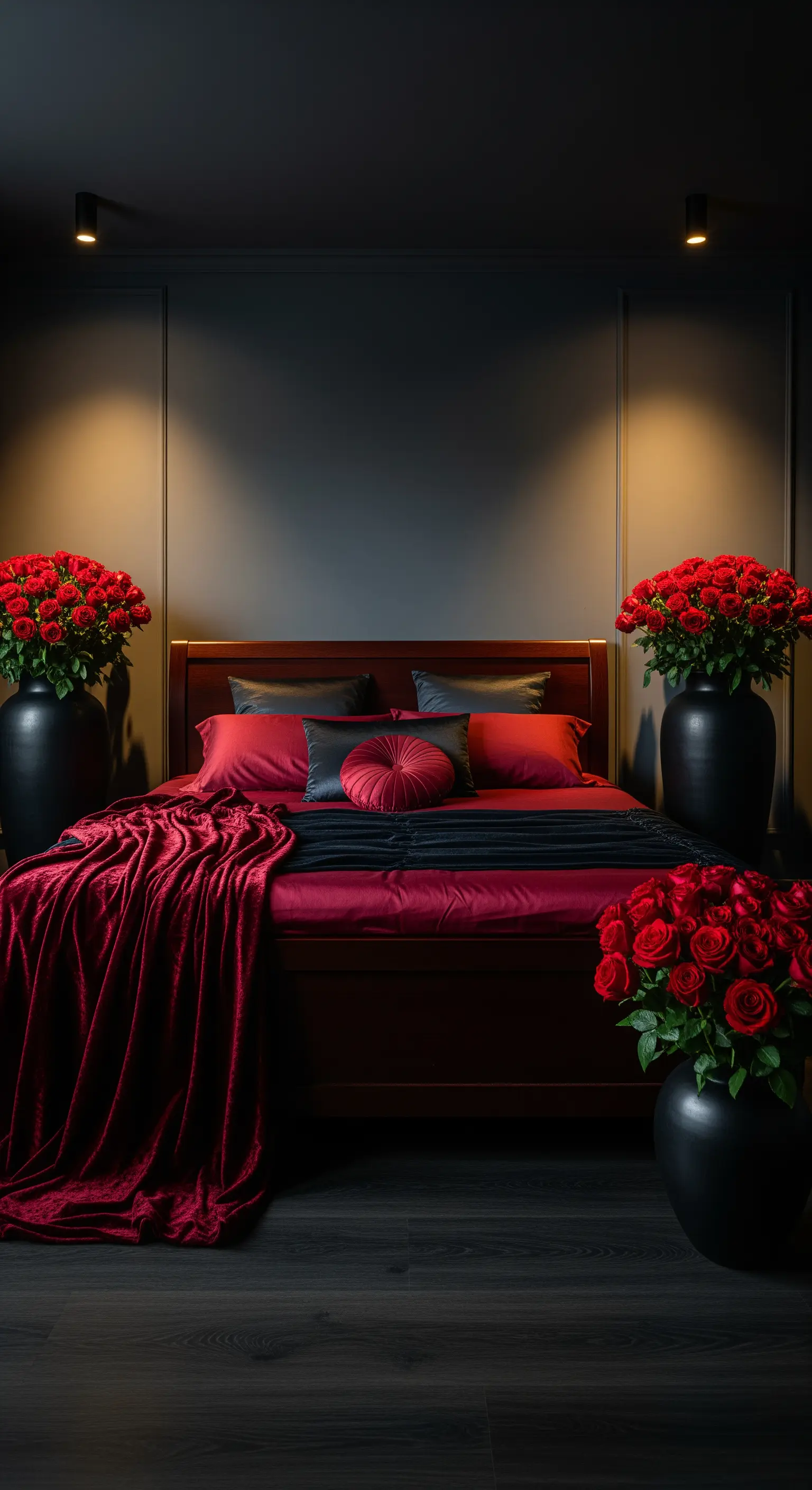 Dunkles Schlafzimmer mit roter Bettwäsche und großen Rosenarrangements