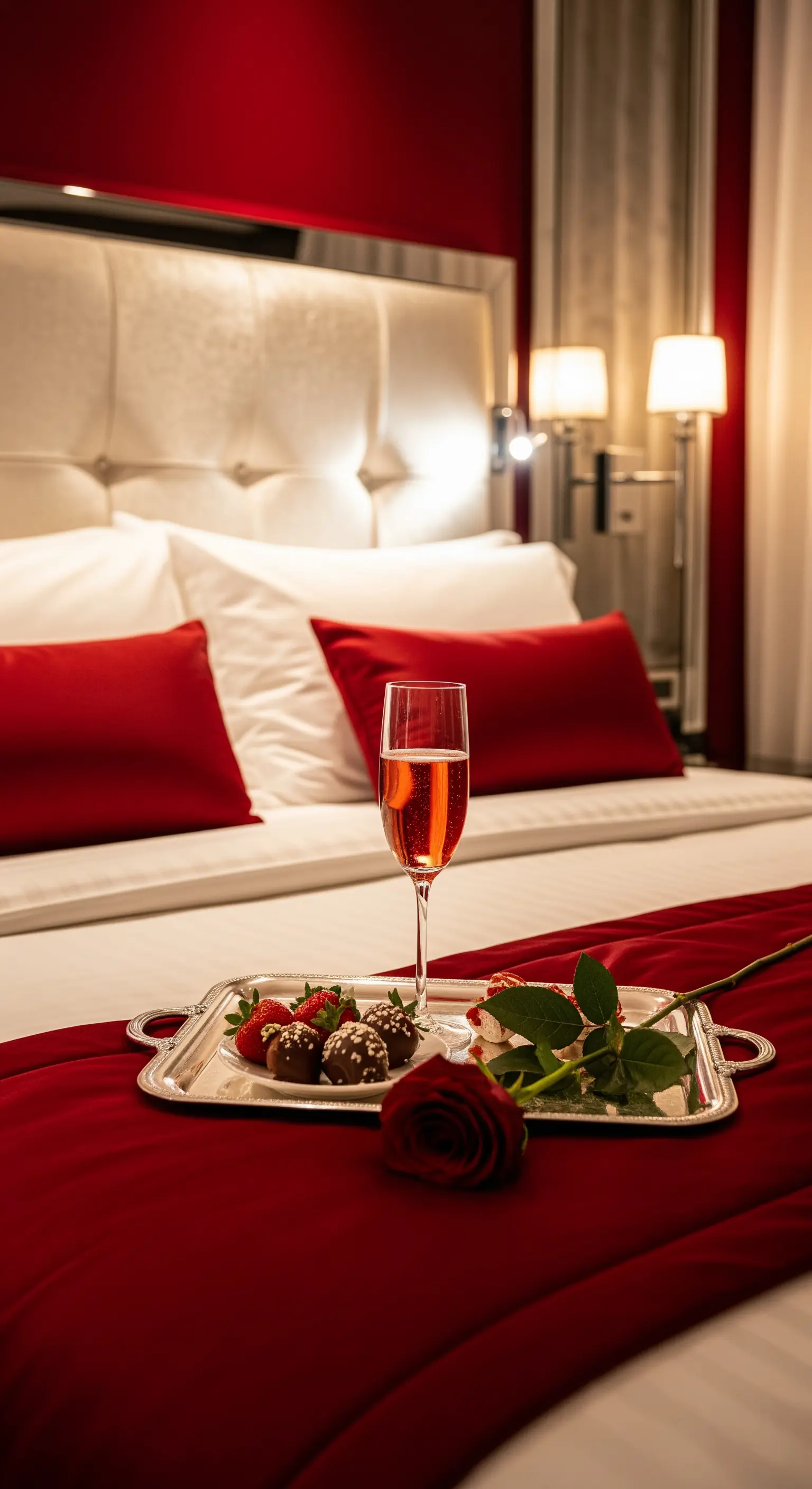 Romantisches Frühstück im Bett mit rotem Bettläufer, Rosen und Schokoladen-Erdbeeren auf Silbertablett