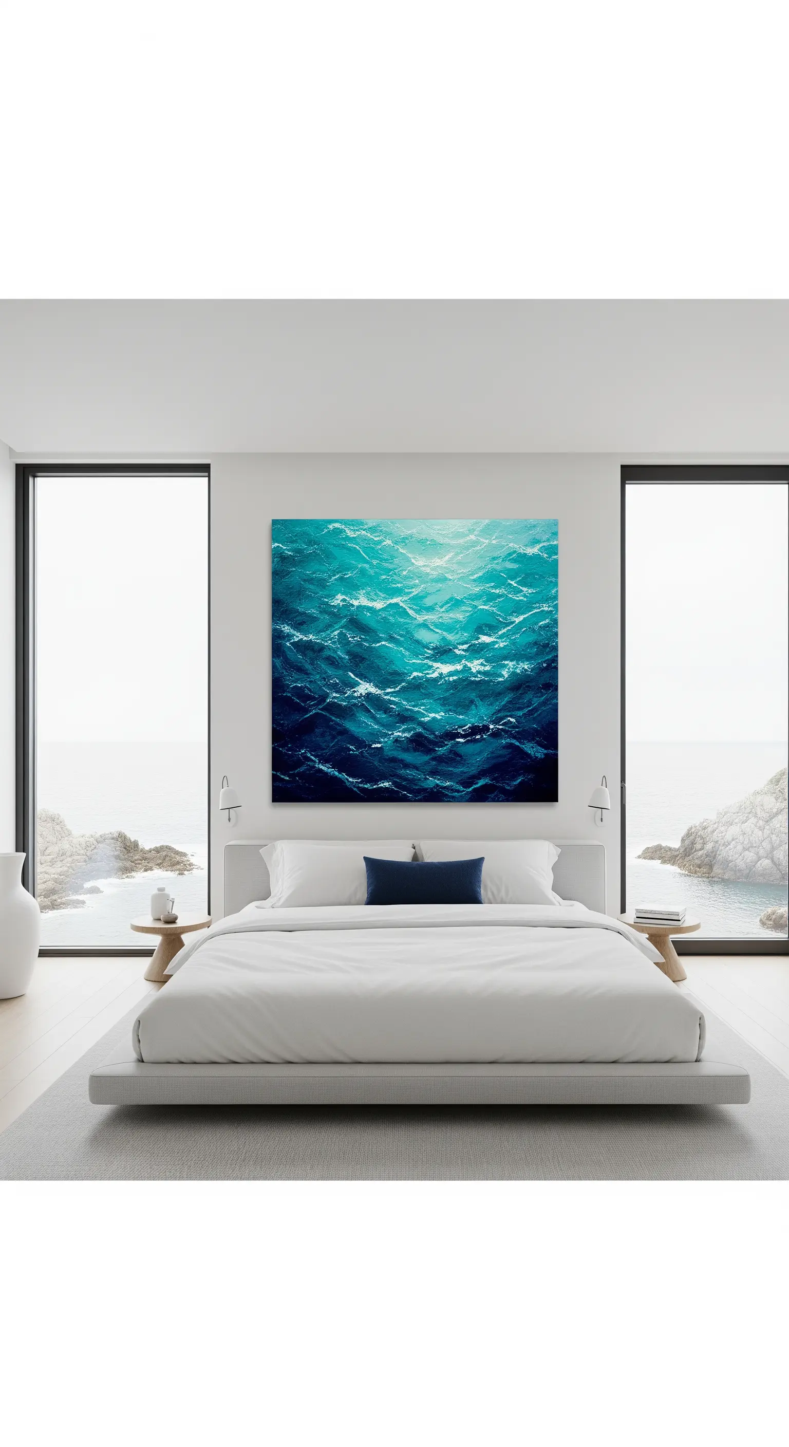 Schlafzimmer mit großem Meeresgemälde, weißem Bett und Panoramafenstern