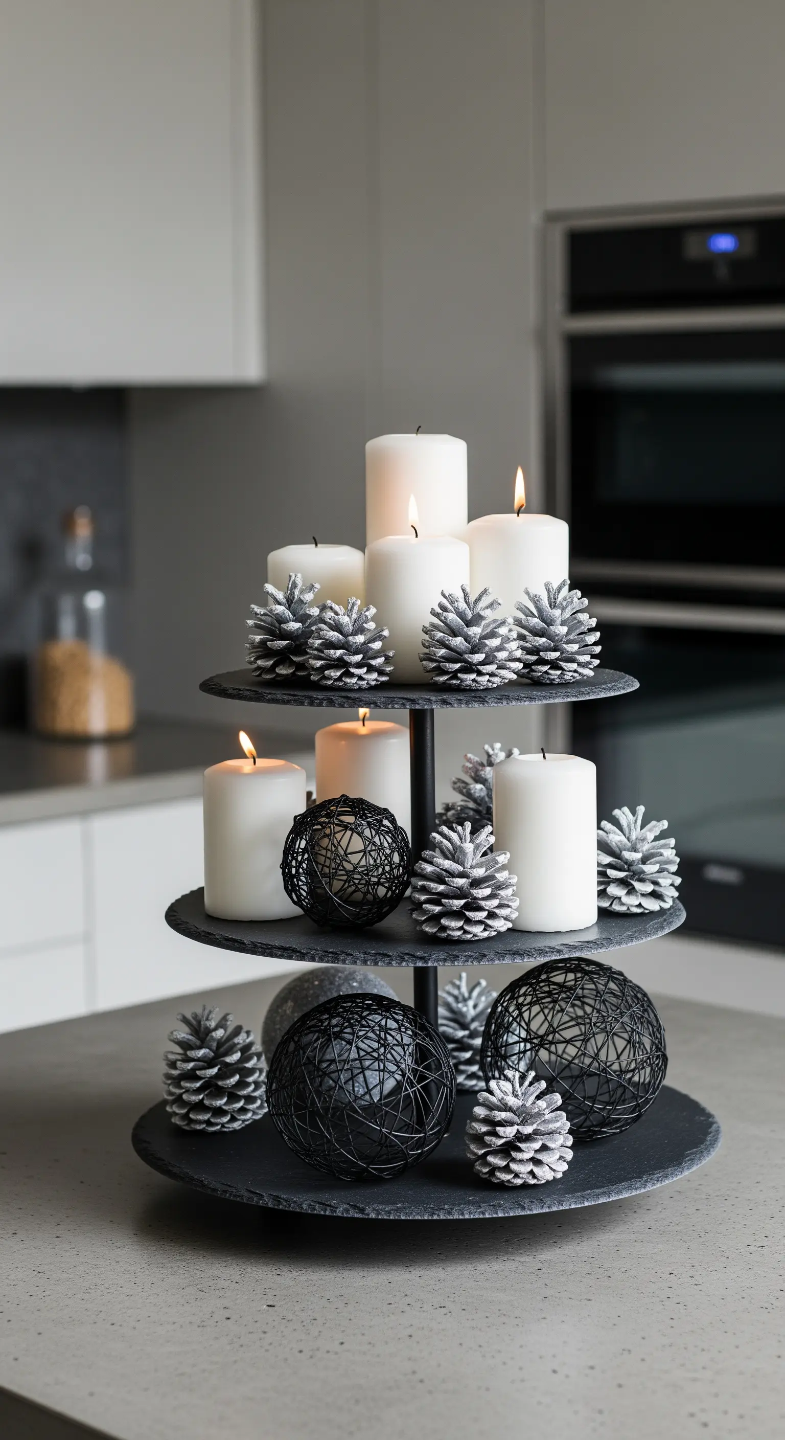 Dunkle Schiefer-Etagere mit weißen Stumpenkerzen, beschneiten Zapfen und schwarzen Drahtkugeln.