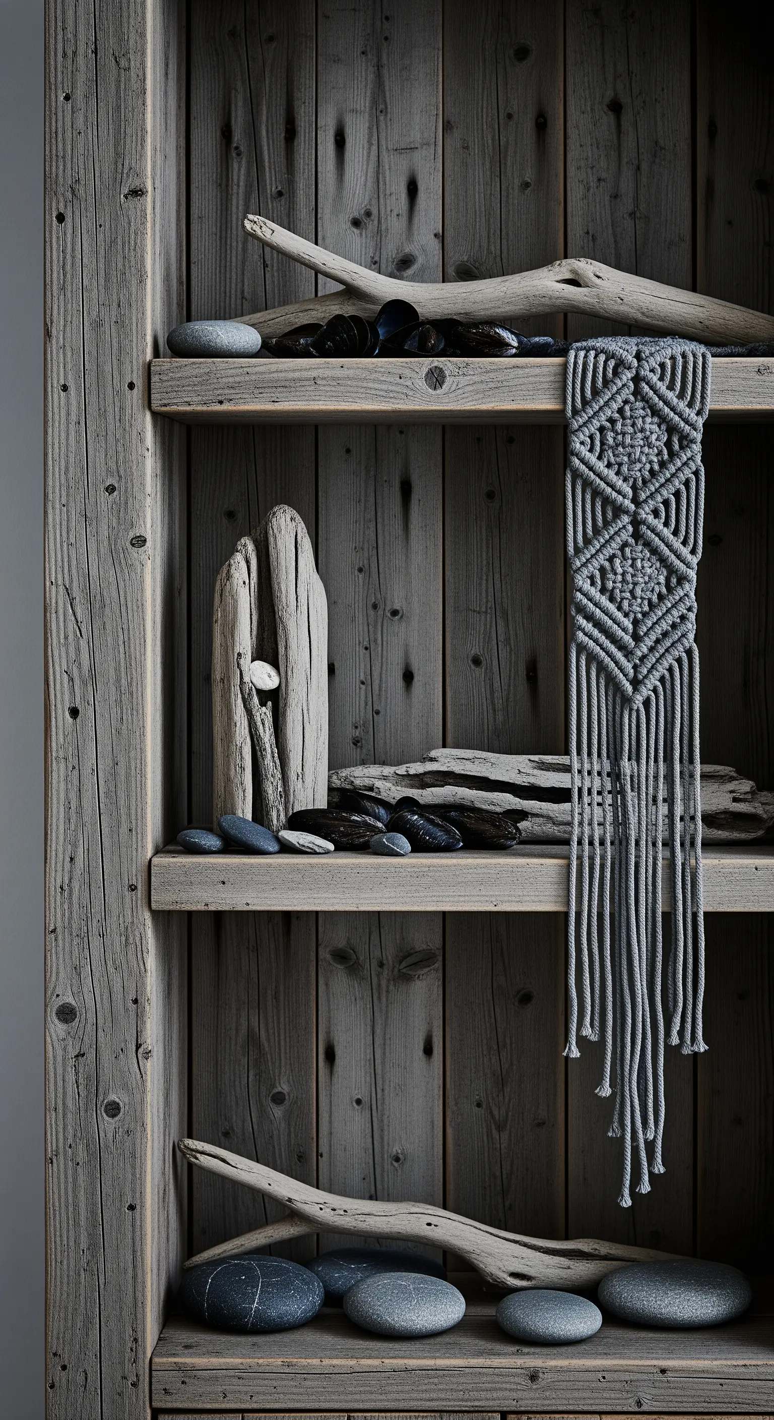 Regal aus grauem Altholz, dekoriert mit grauem Makramee, Treibholz und Kieselsteinen.