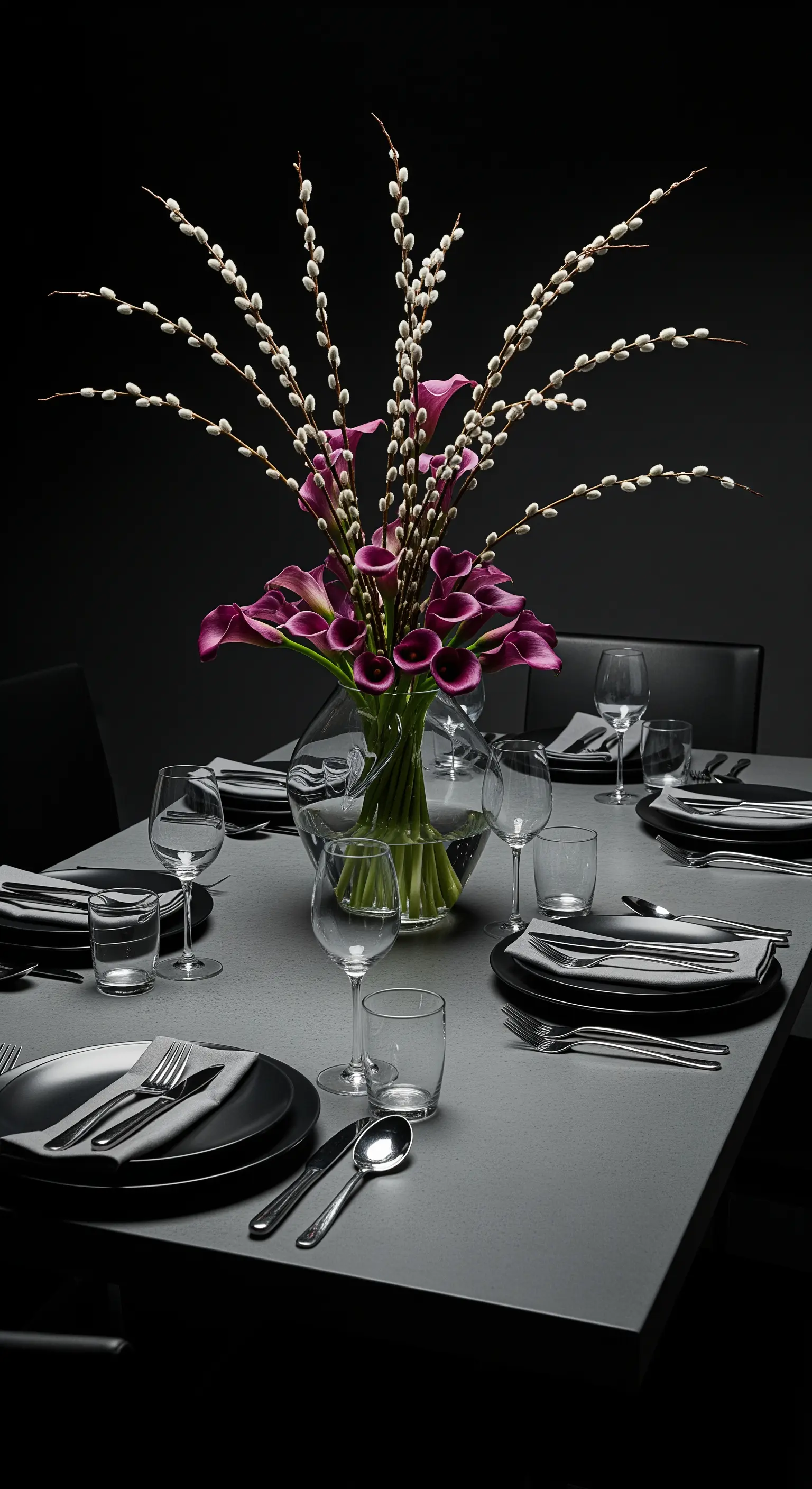 Minimalistische Tischdeko mit lila Calla-Lilien und Weidenkätzchen vor dunklem Hintergrund