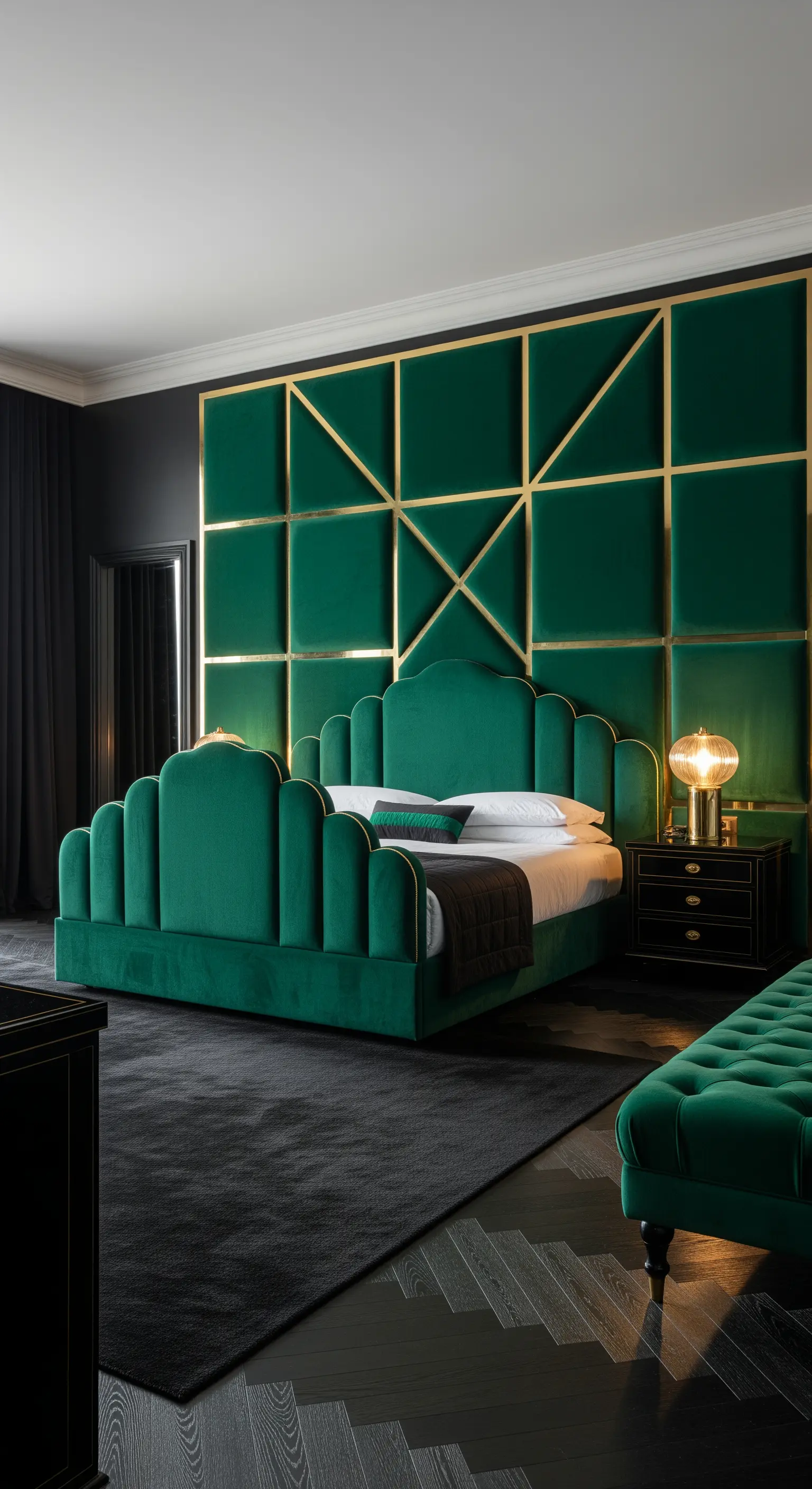 Smaragdgrüne Samtpaneele mit goldenen Linien als opulente Art-Déco-Wandgestaltung im Schlafzimmer.