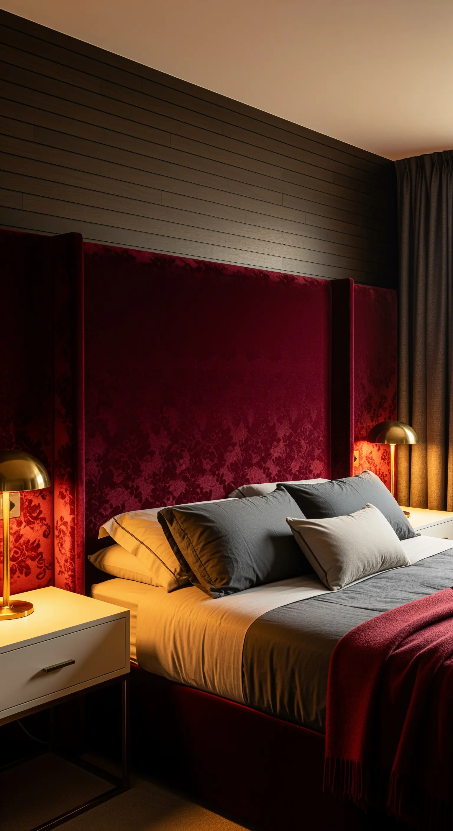 Hohes, opulentes Kopfteil aus burgunderrotem Samt vor einer dunklen Holzwand.