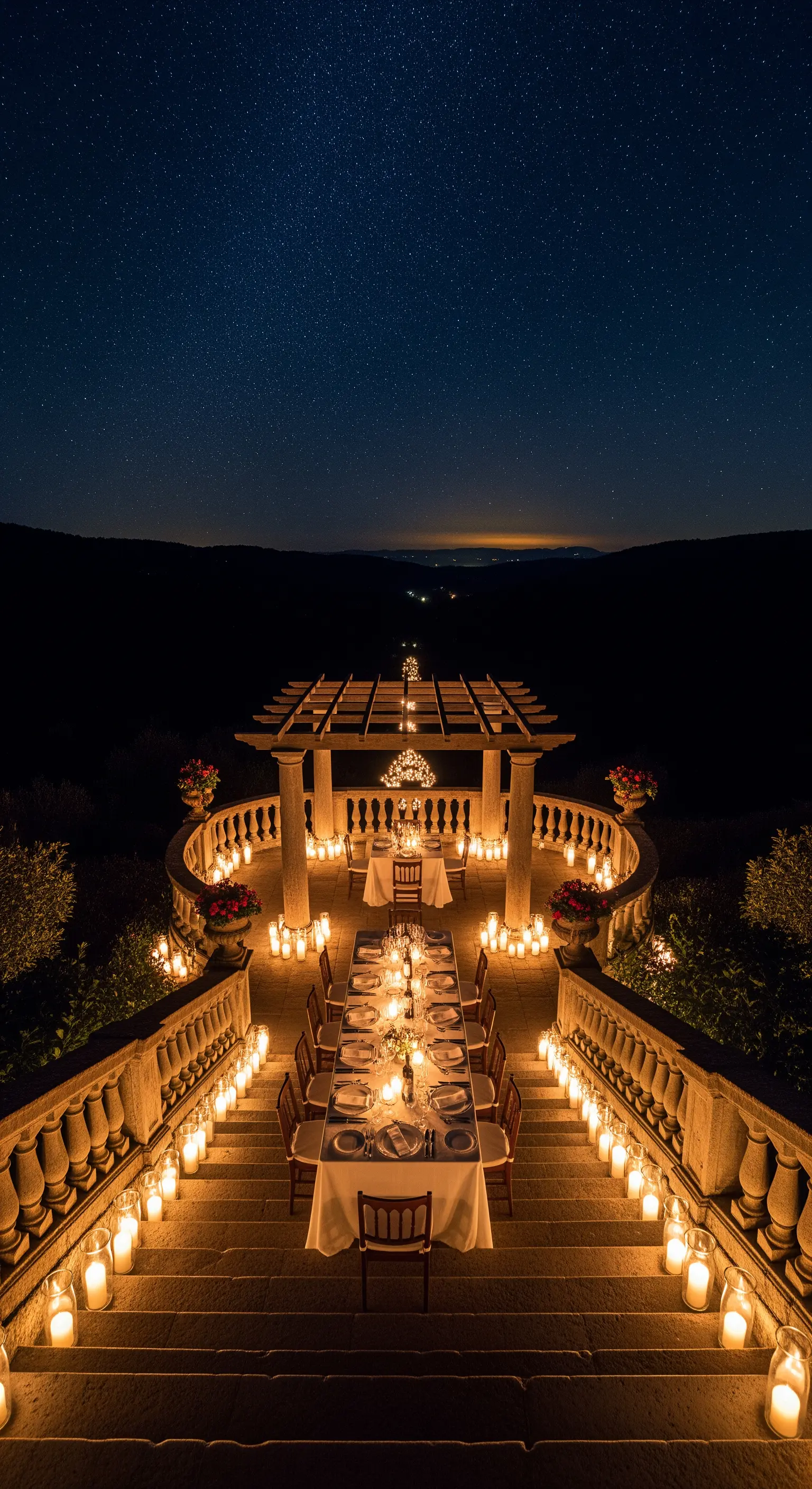 Steintreppe, Kerzenkaskade, lange Tafeln, Pergola, Abendessen