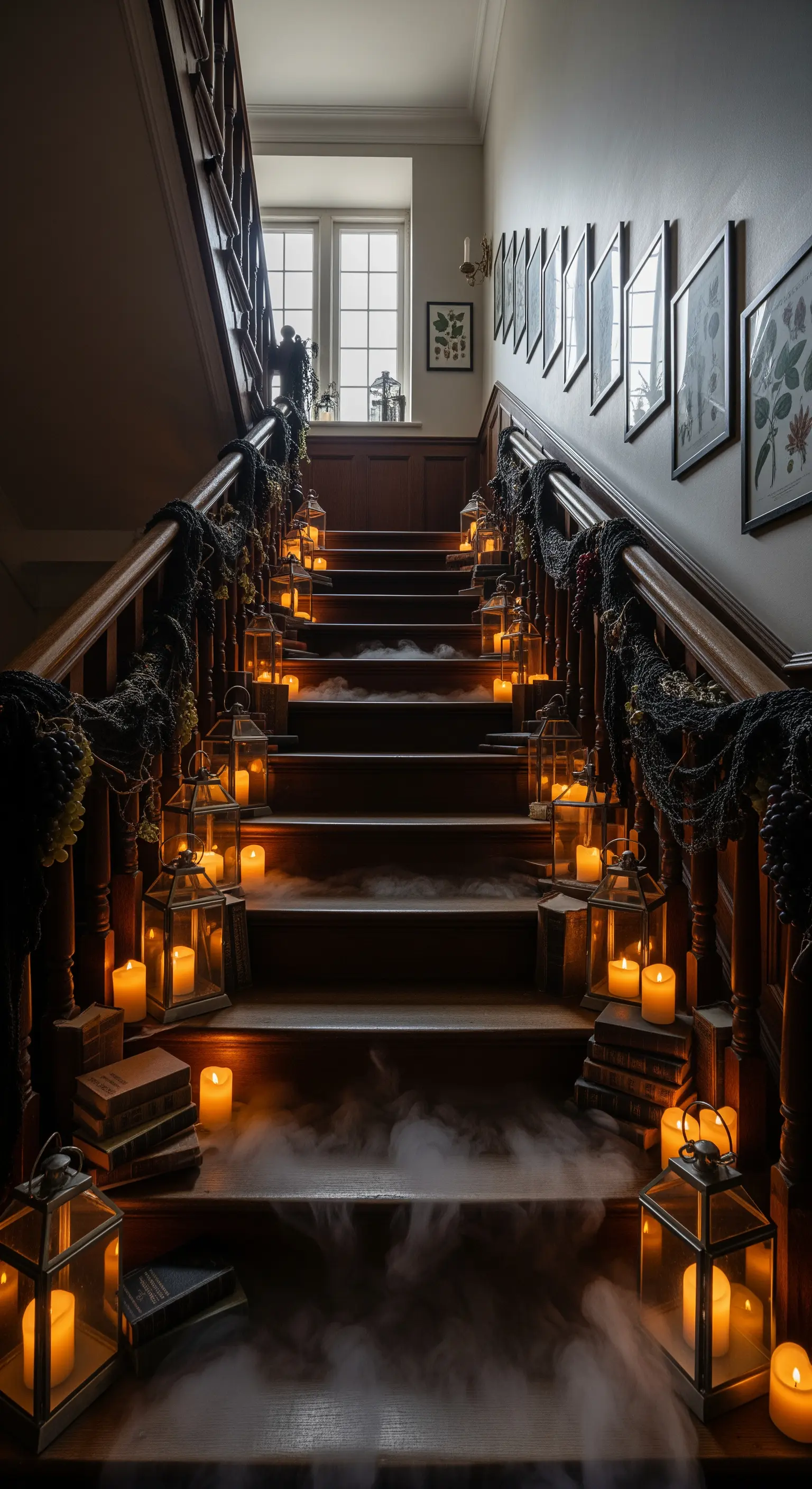 Treppenhaus, Laternen, Kerzen, Nebel, Vintage-Bücher, Halloween-Deko.