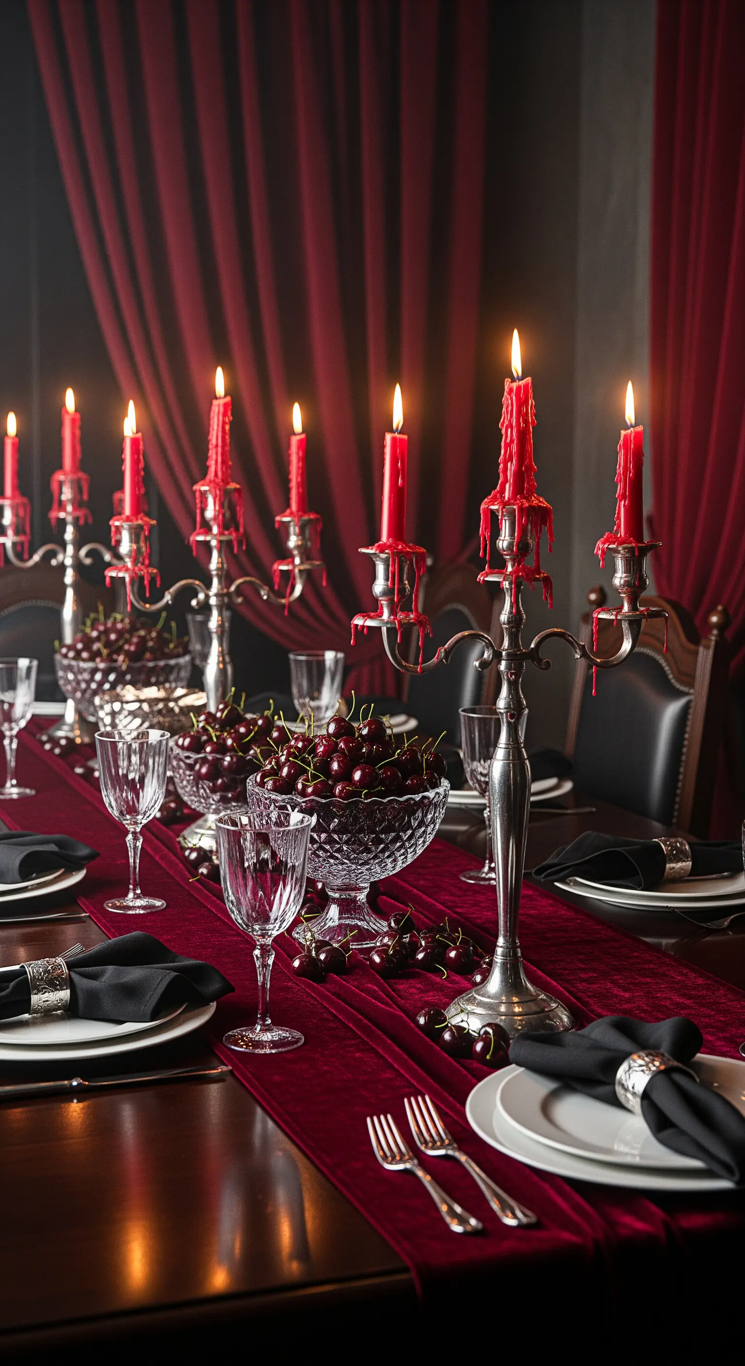 Dramatische Halloween Tischdeko in Weinrot mit schmelzenden Kerzen und Kirschen