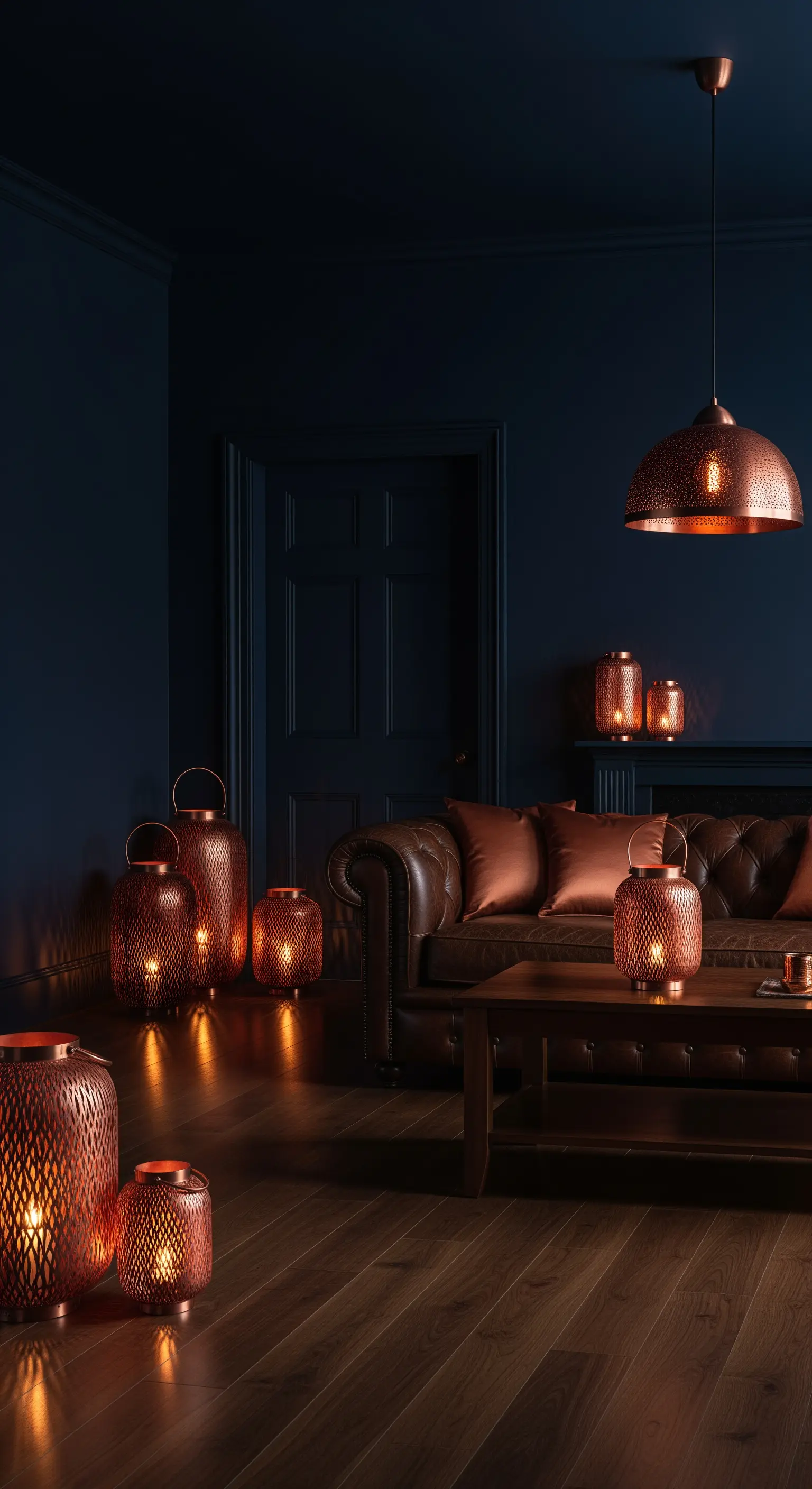 Dunkelblaues Wohnzimmer mit Ledersofa, Kupferlaternen und passender Pendelleuchte.