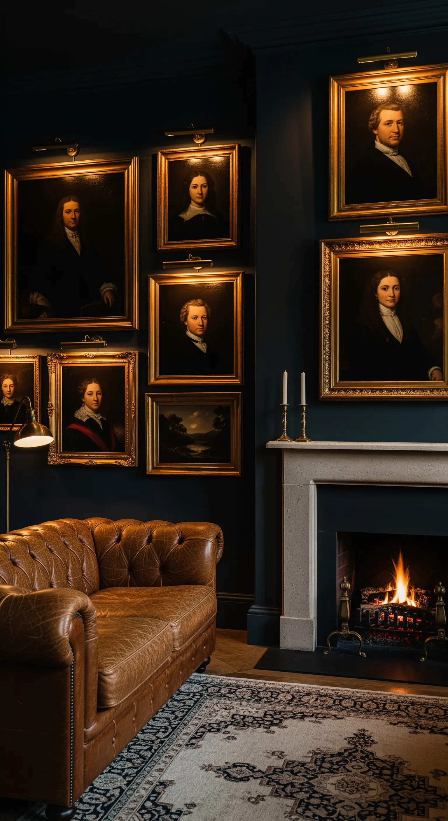 Galeriewand mit klassischen Porträts in Goldrahmen vor einer dunkelblauen Wand in einem gemütlichen Raum.