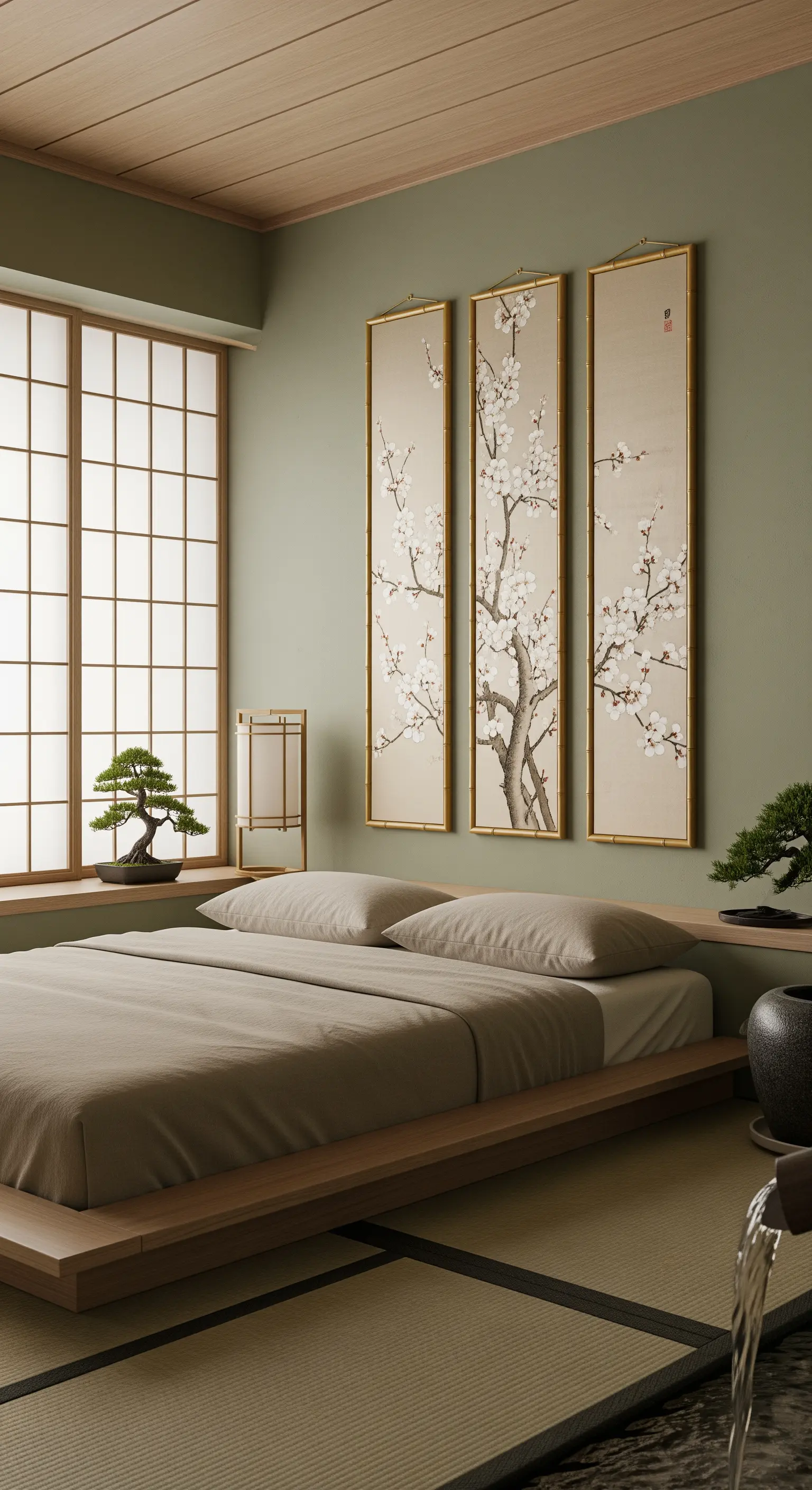 Japandi-Schlafzimmer mit einem Triptychon von Kirschblüten in schmalen Goldrahmen.