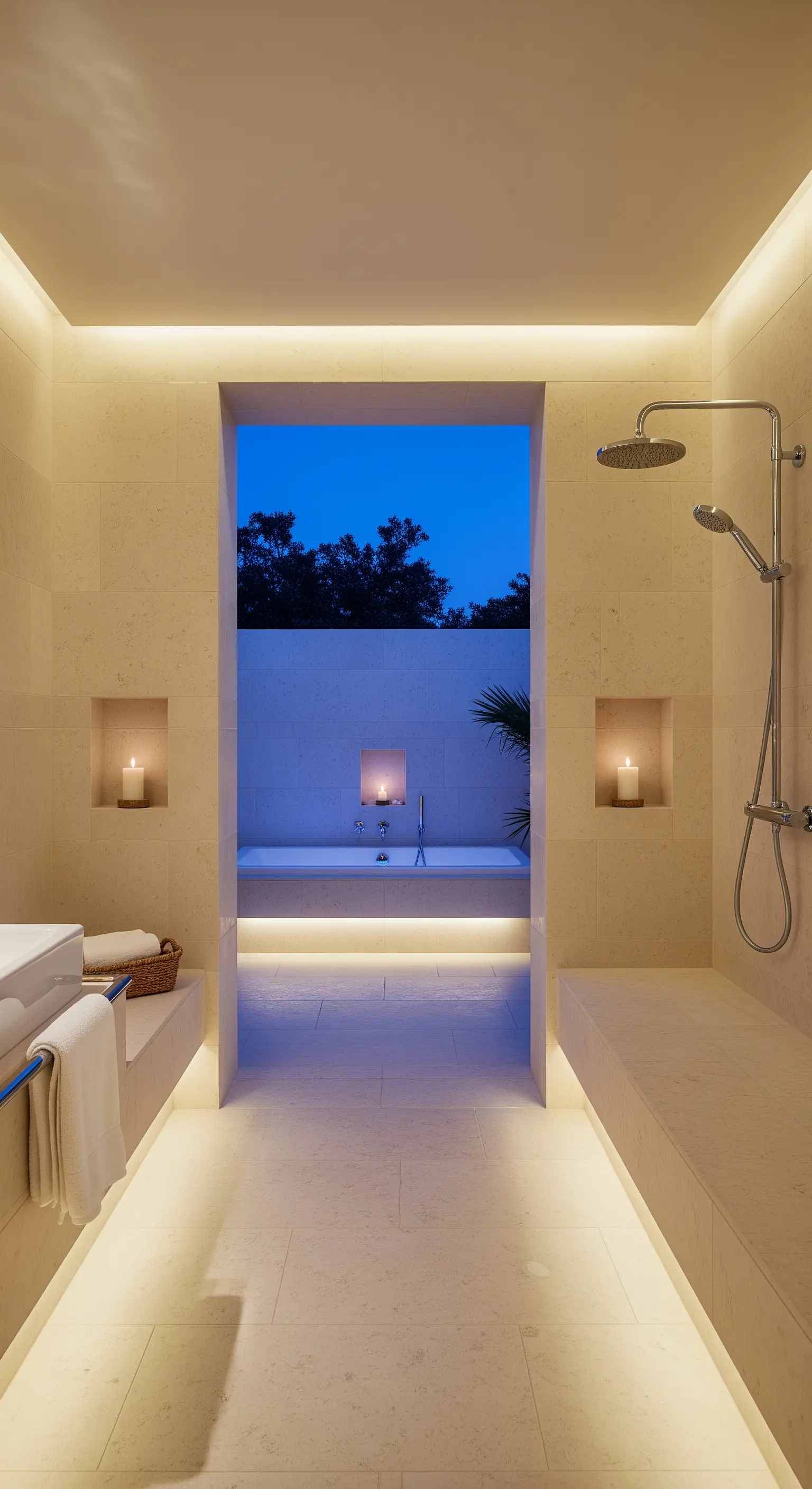 Badezimmer aus beigem Stein mit Übergang zu einem privaten Außenbereich mit Badewanne.