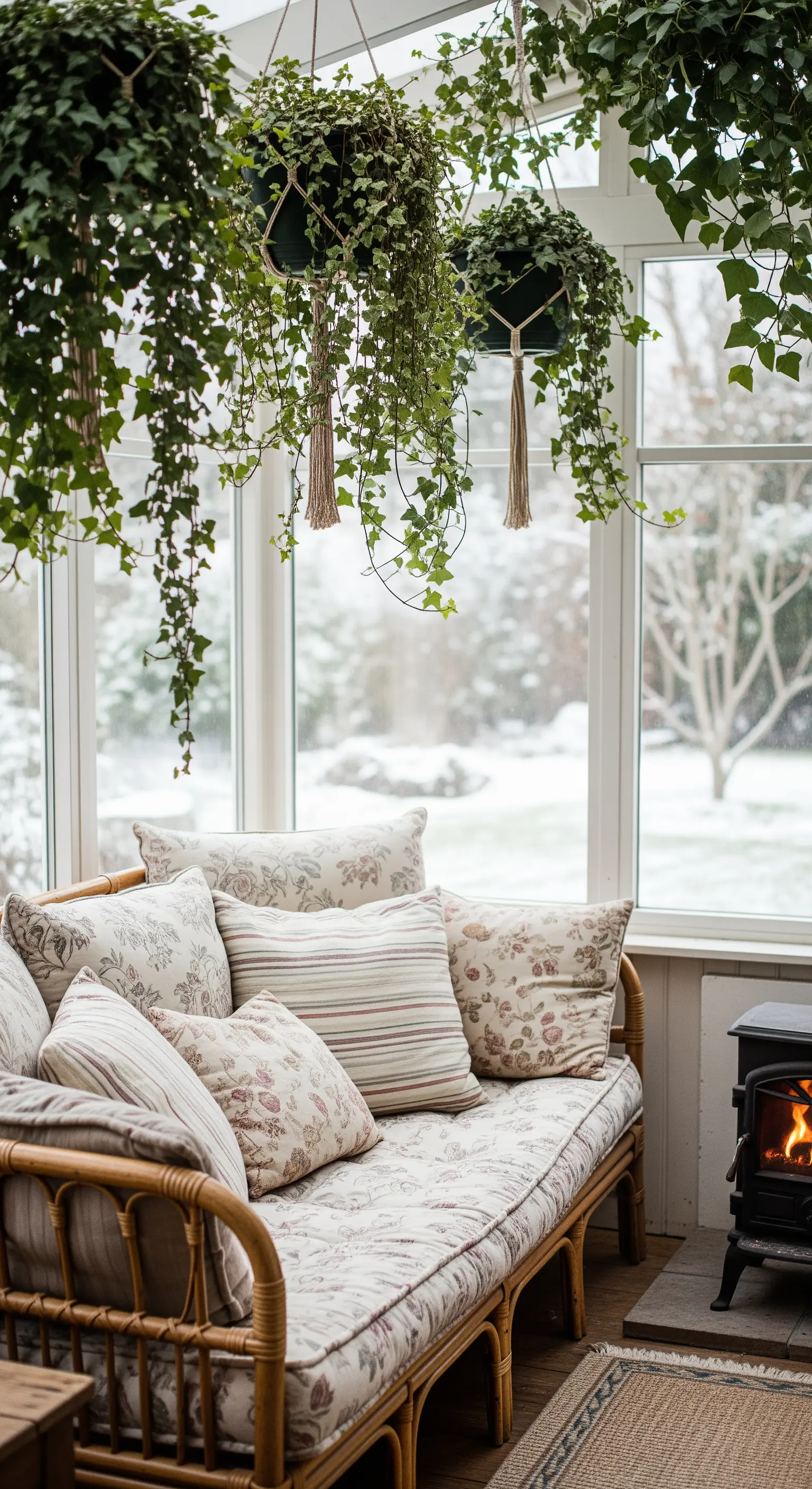 Rattan-Tagesbett in einem Wintergarten mit vielen Hängepflanzen und Blick in den Schnee.