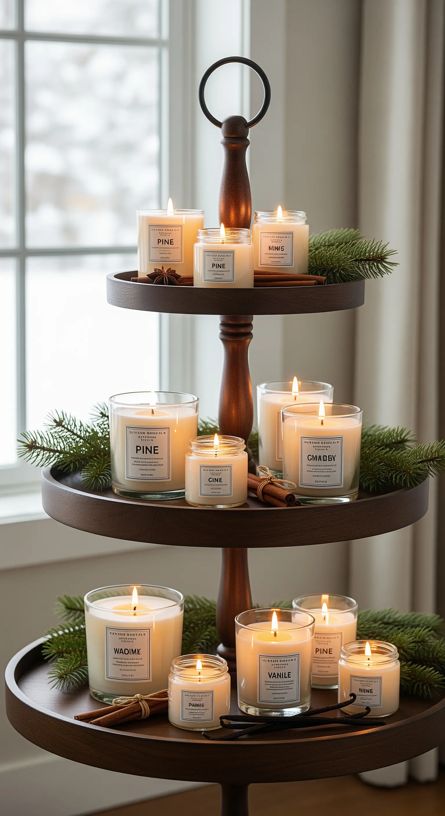 Dunkle Holz-Etagere, bestückt mit vielen Duftkerzen und Tannenzweigen.