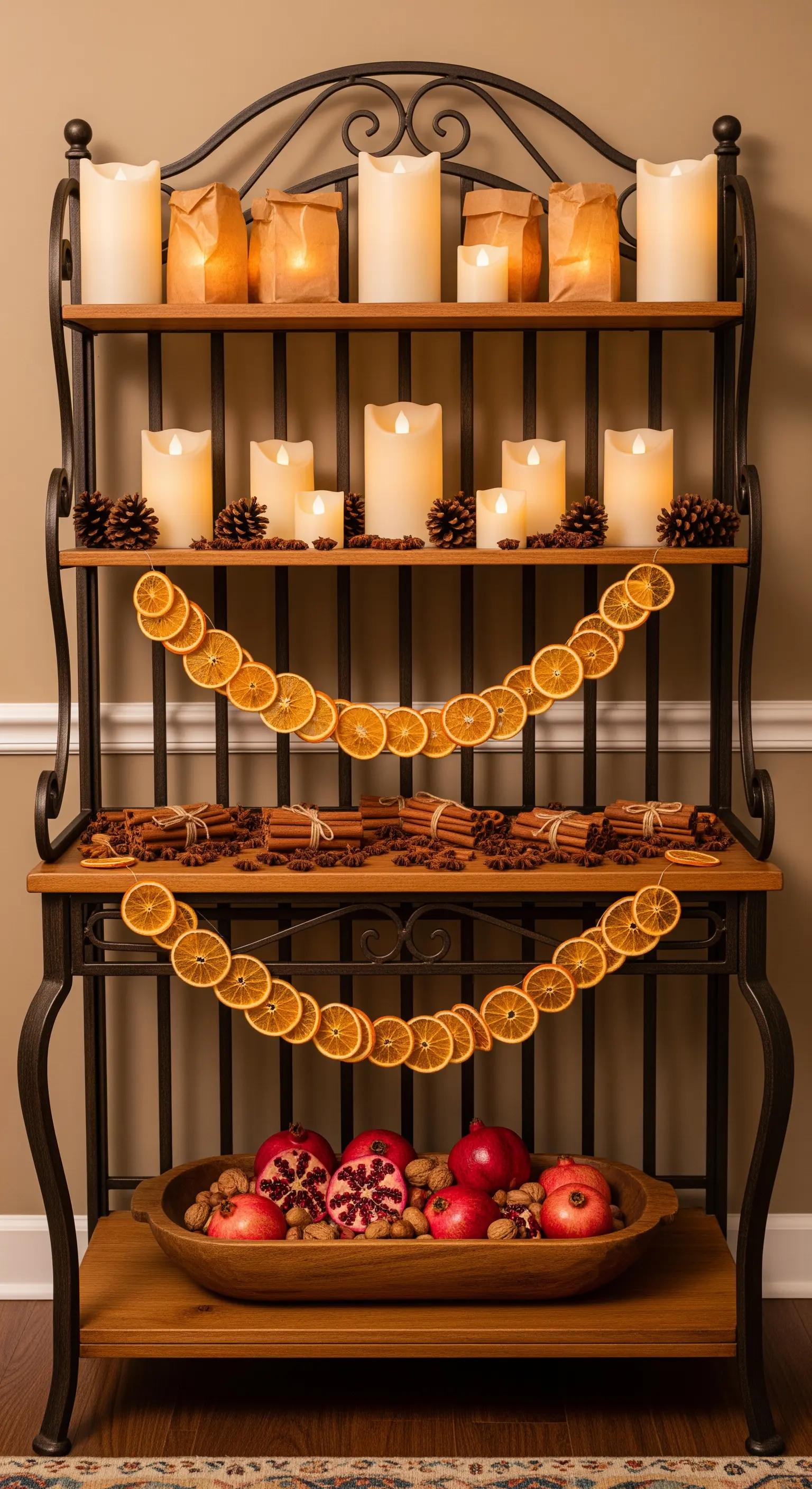 Metall-Etagere dekoriert mit Orangengirlanden, Zimtstangen und LED-Kerzen