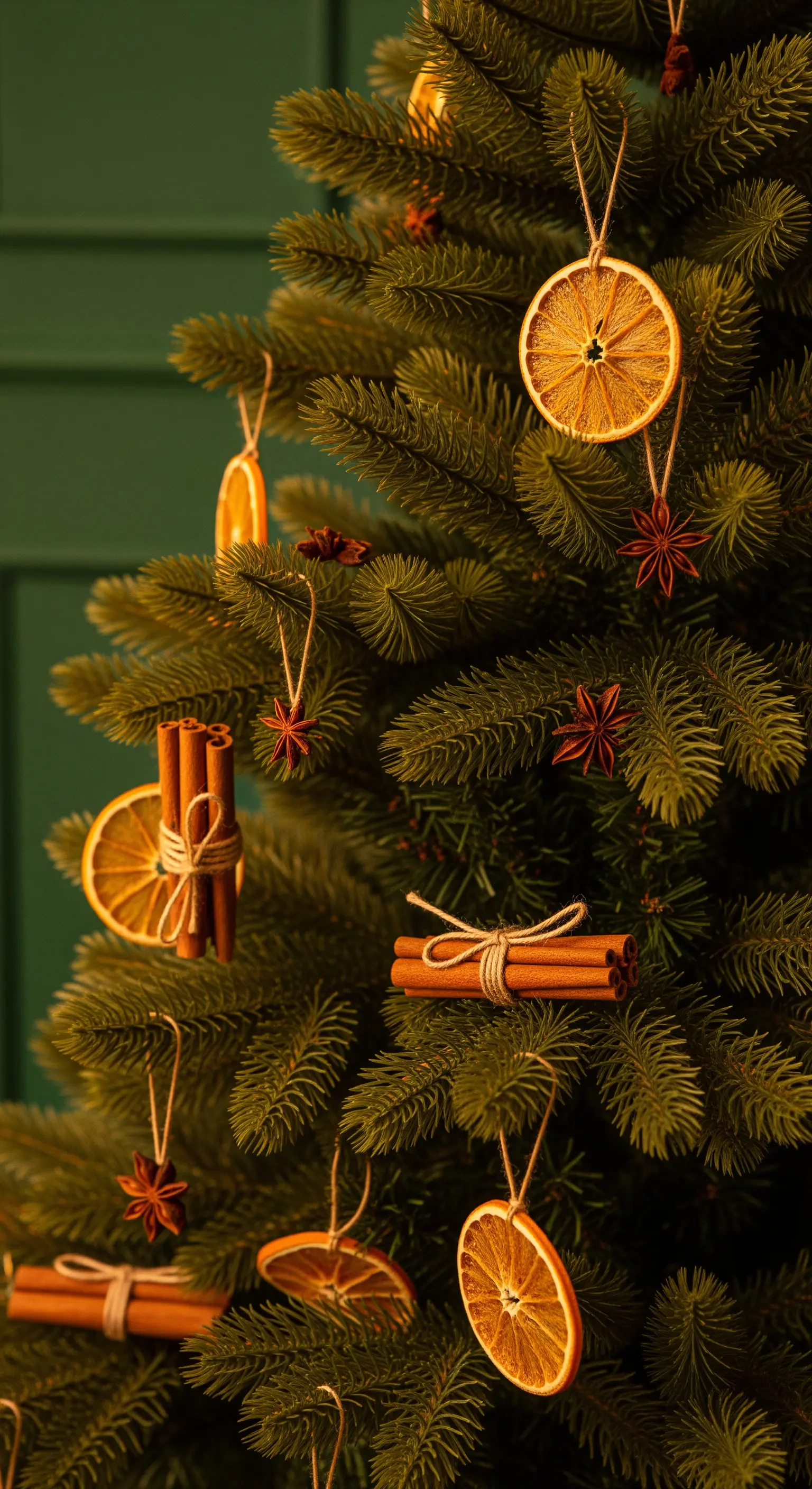 Weihnachtsbaum mit getrockneten Orangenscheiben, Zimtstangen und Sternanis.