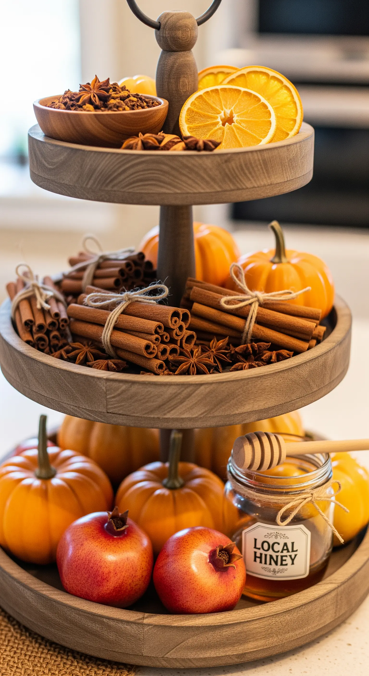 Holz-Etagere gefüllt mit Zimt, Sternanis und getrockneten Orangen