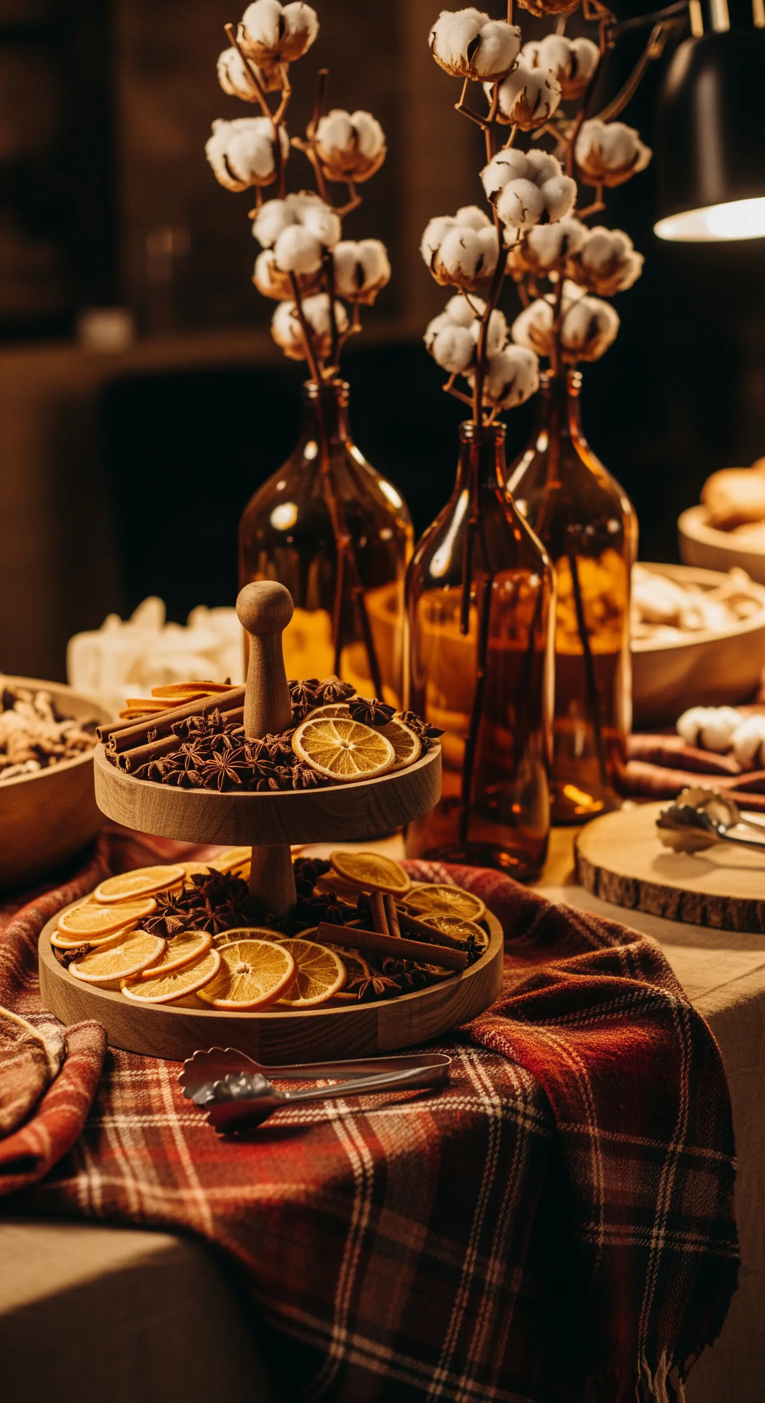 Gewürz-Etagere mit Orangenscheiben, Zimtstangen, Sternanis und Baumwollzweigen für duftende Herbst-Deko.