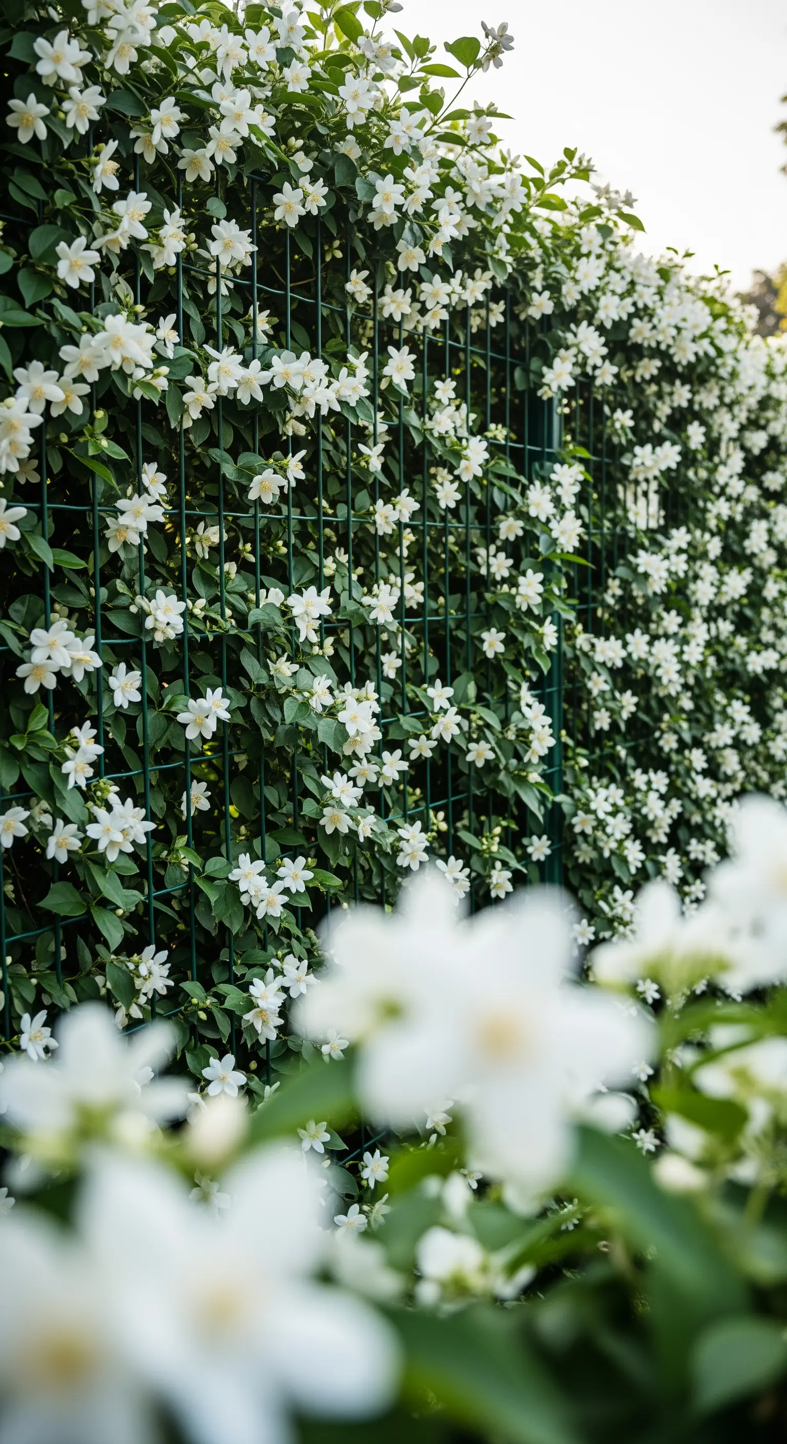 Grüner Drahtgeflechtzaun, dicht bewachsen mit blühendem Jasmin