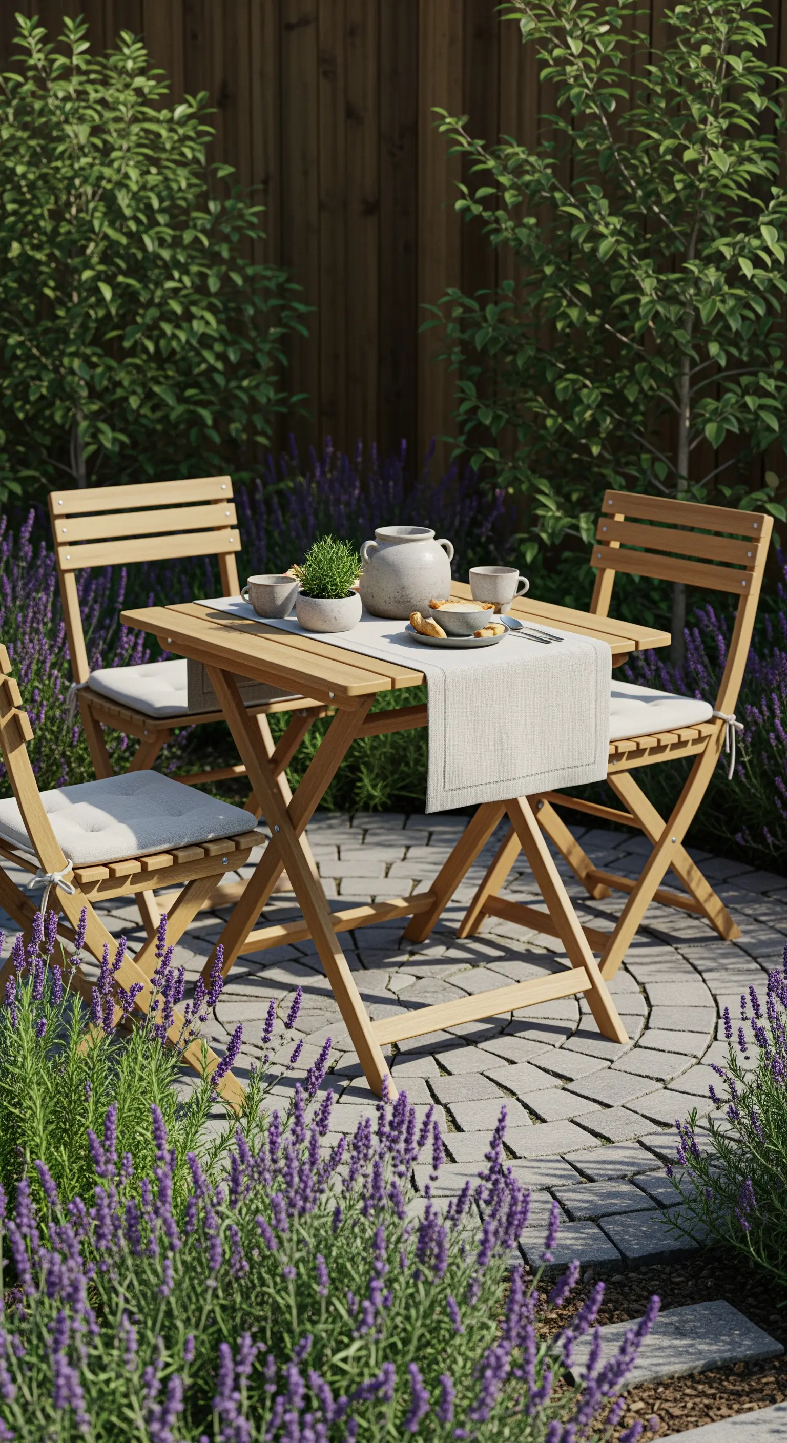 Japandi Kaffeeecke im Lavendelfeld mit Holztisch