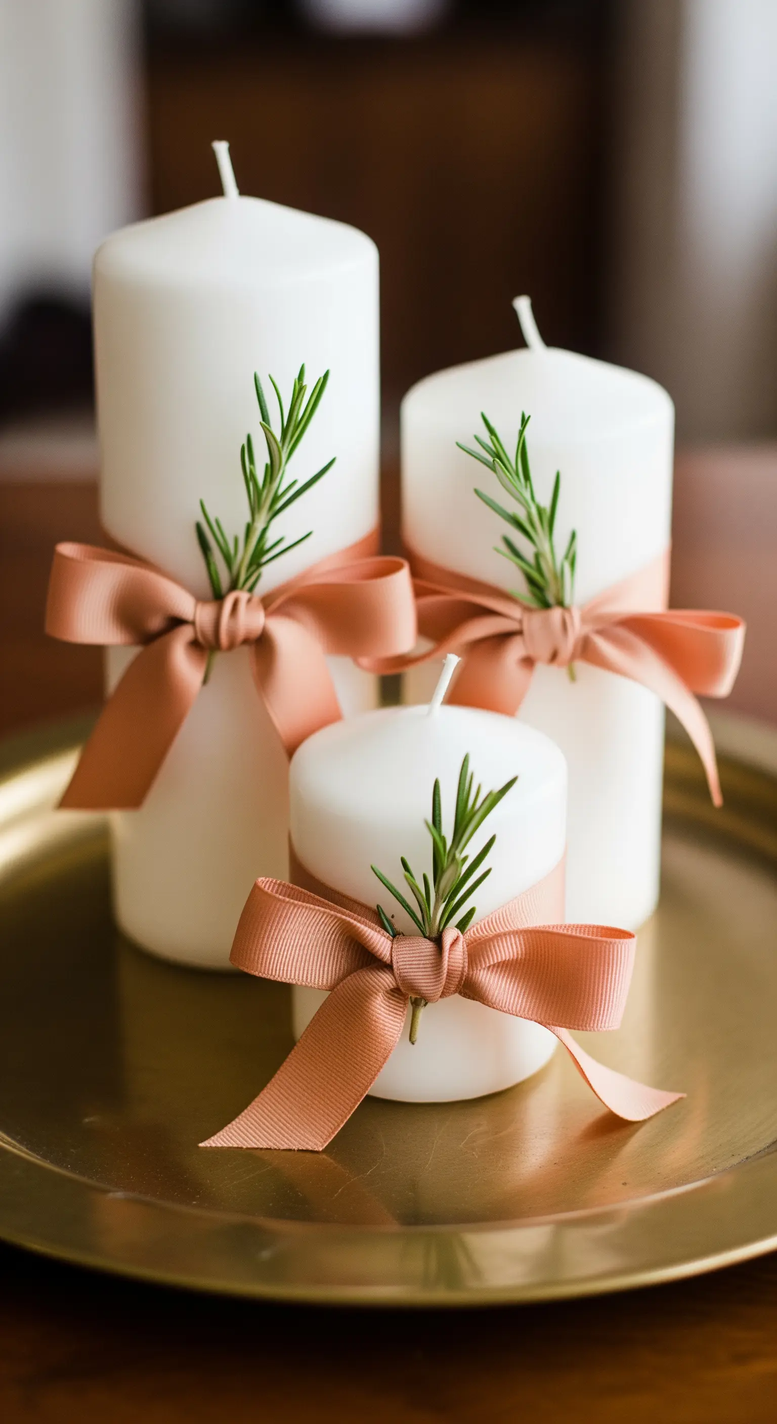 Weiße Stumpenkerzen mit Rosmarinzweigen und terrakottafarbenen Bändern auf goldenem Tablett