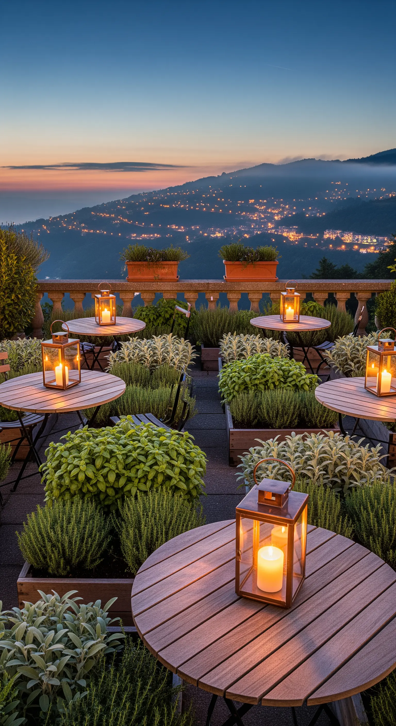 Dachterrasse mit Holztischen, Kräuterbeeten und Laternen mit Stadtblick