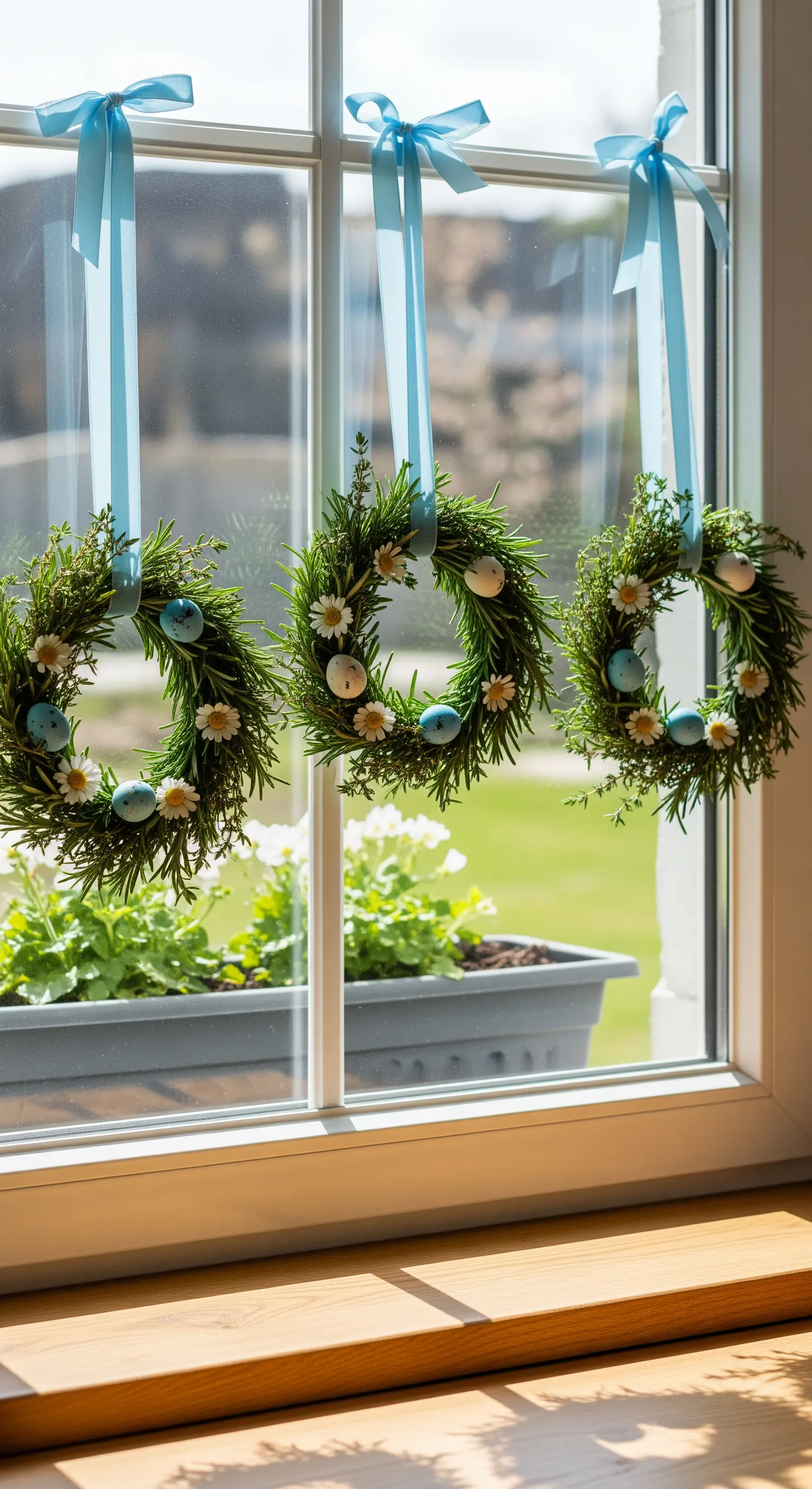 Kleine Kräuter-Osterkränze mit blauen Eiern am Fenster