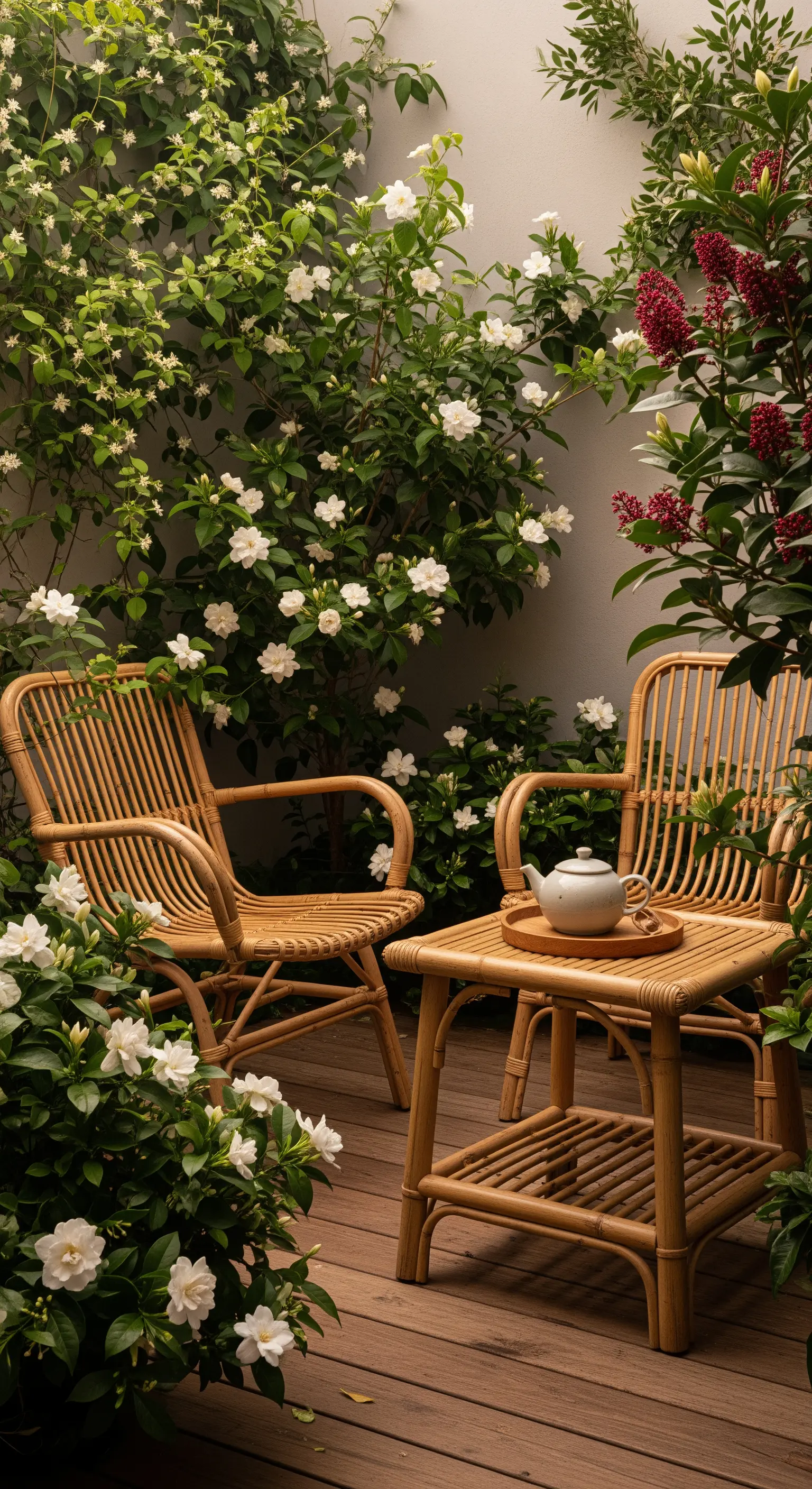 Gemütliche Teeecke mit Rattanmöbeln, umgeben von blühendem, duftendem Jasmin