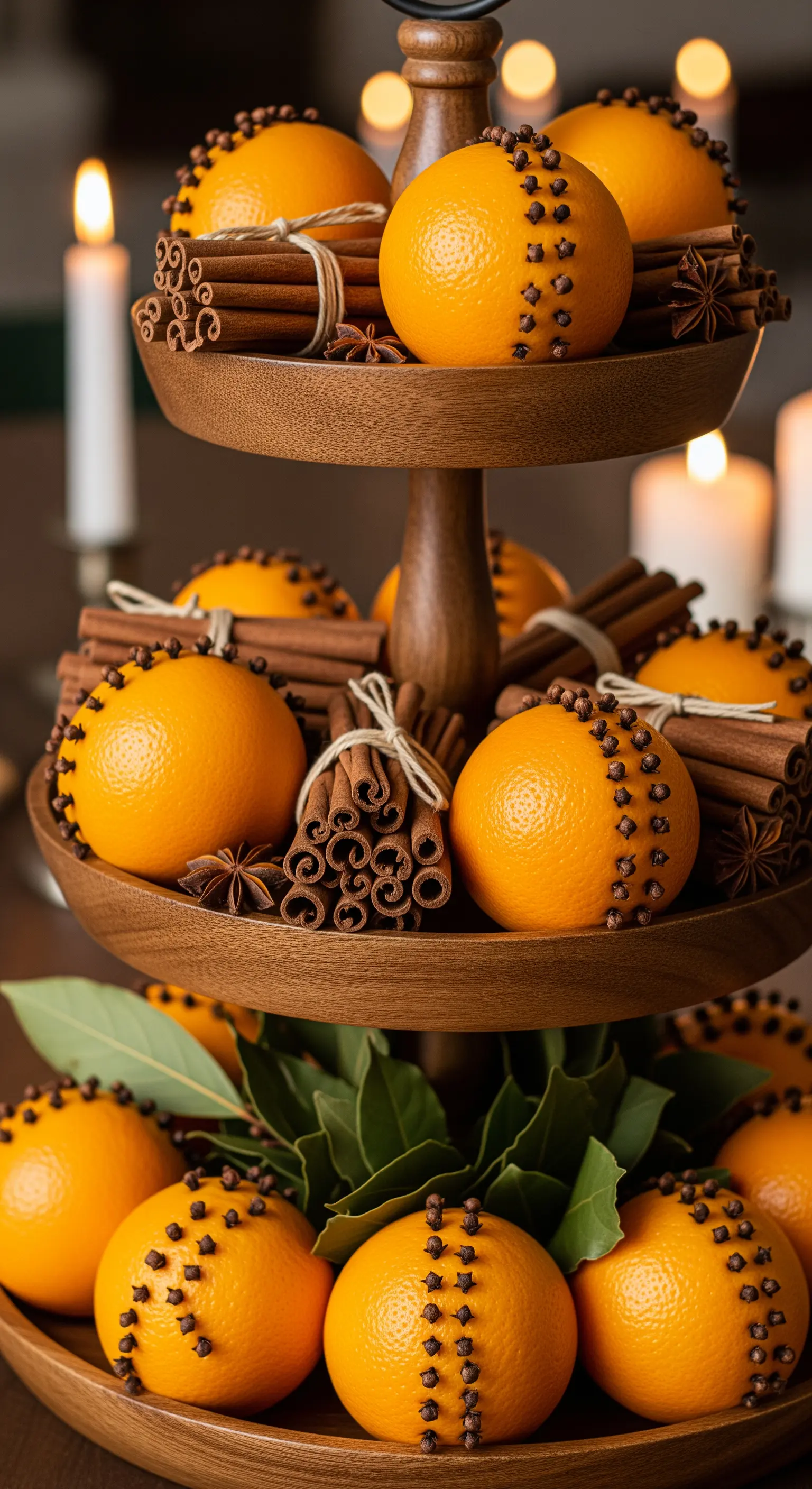 Dunkle Holz-Etagere mit Nelken-Orangen, Zimtstangen und Lorbeerblättern.
