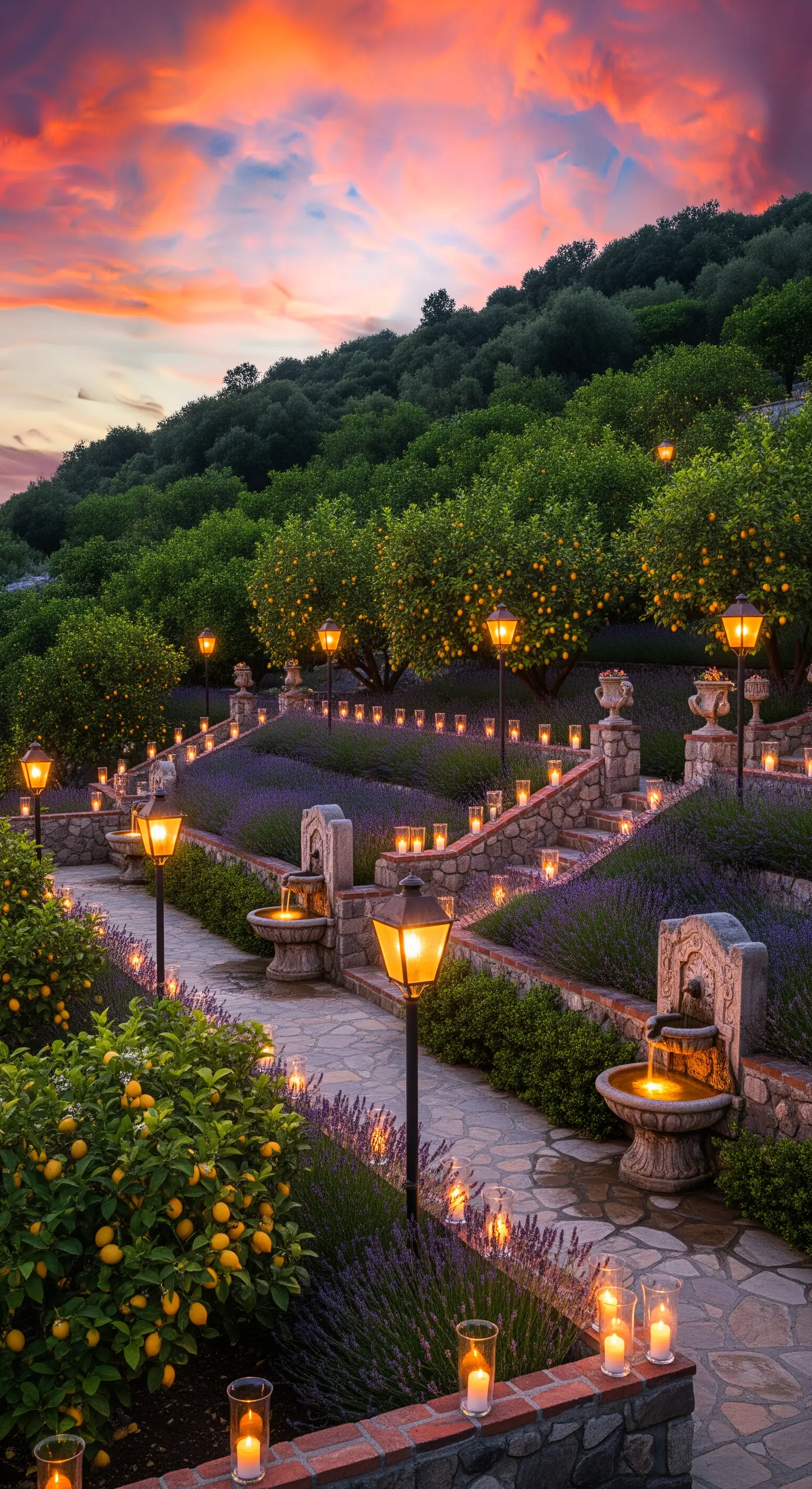 Terrassengarten mit Zitronenbäumen, Lavendel, Brunnen und vielen Laternen und Kerzen bei Sonnenuntergang