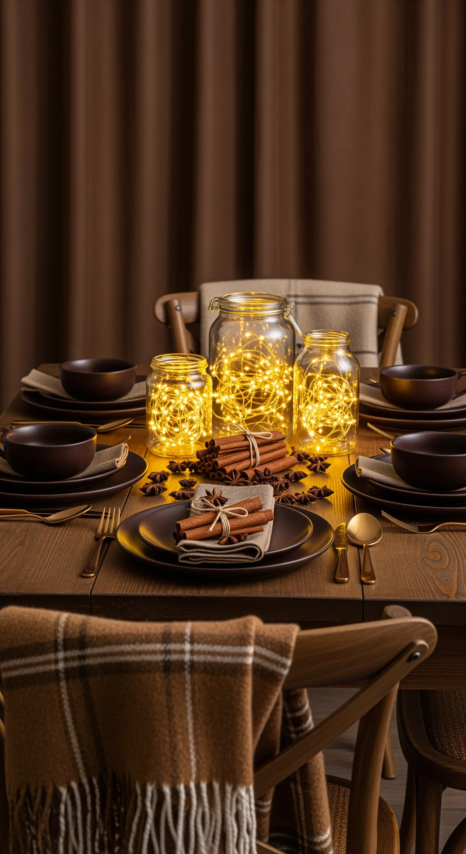 Herbsttafel, Zimtstangen, Lichterketten in Gläsern, braune Keramik, kariertes Plaid.